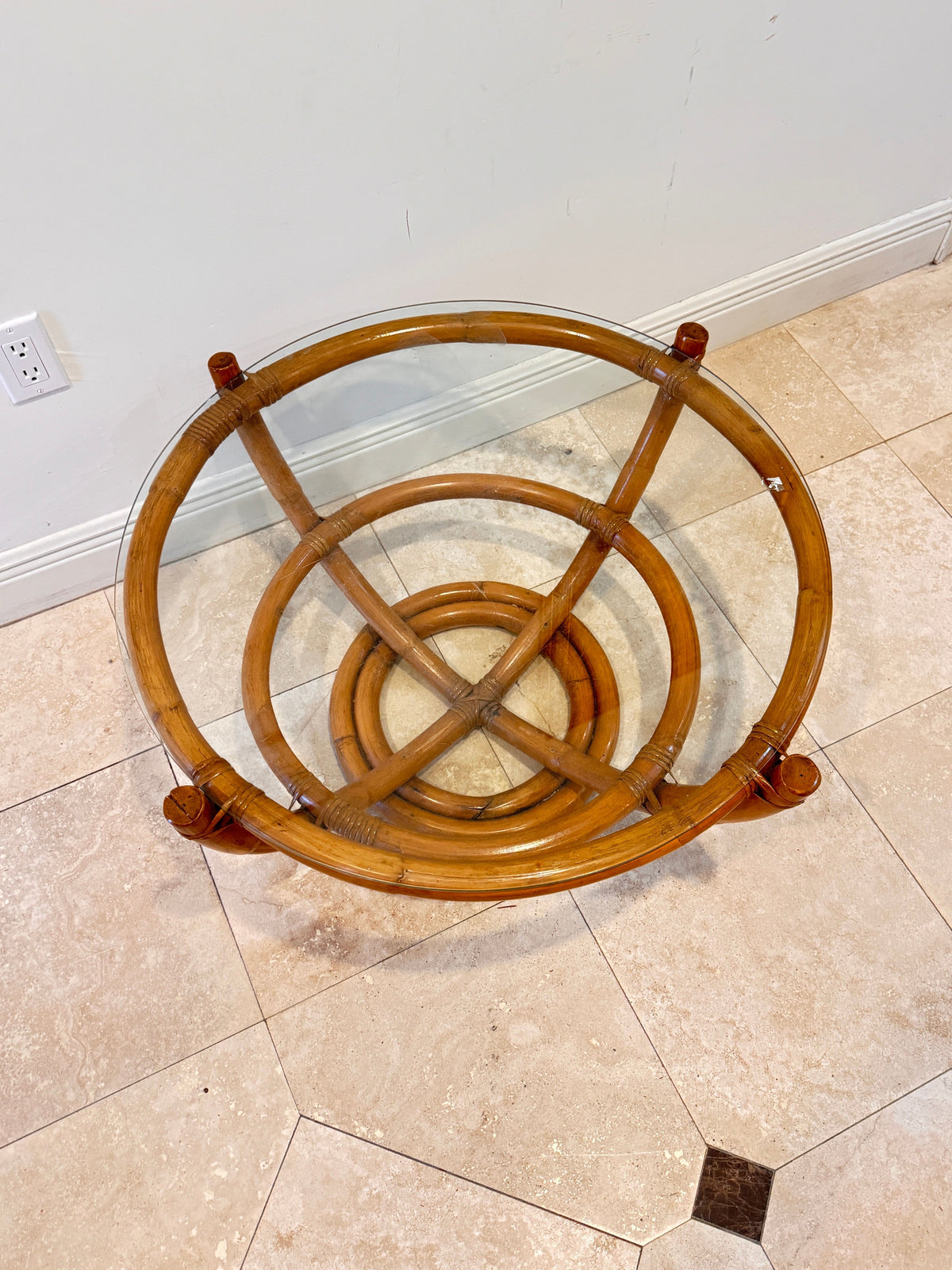 Vintage Sculptural Palm Beach Style Rattan Coffee Table with Round Glass Top, c. 1970s