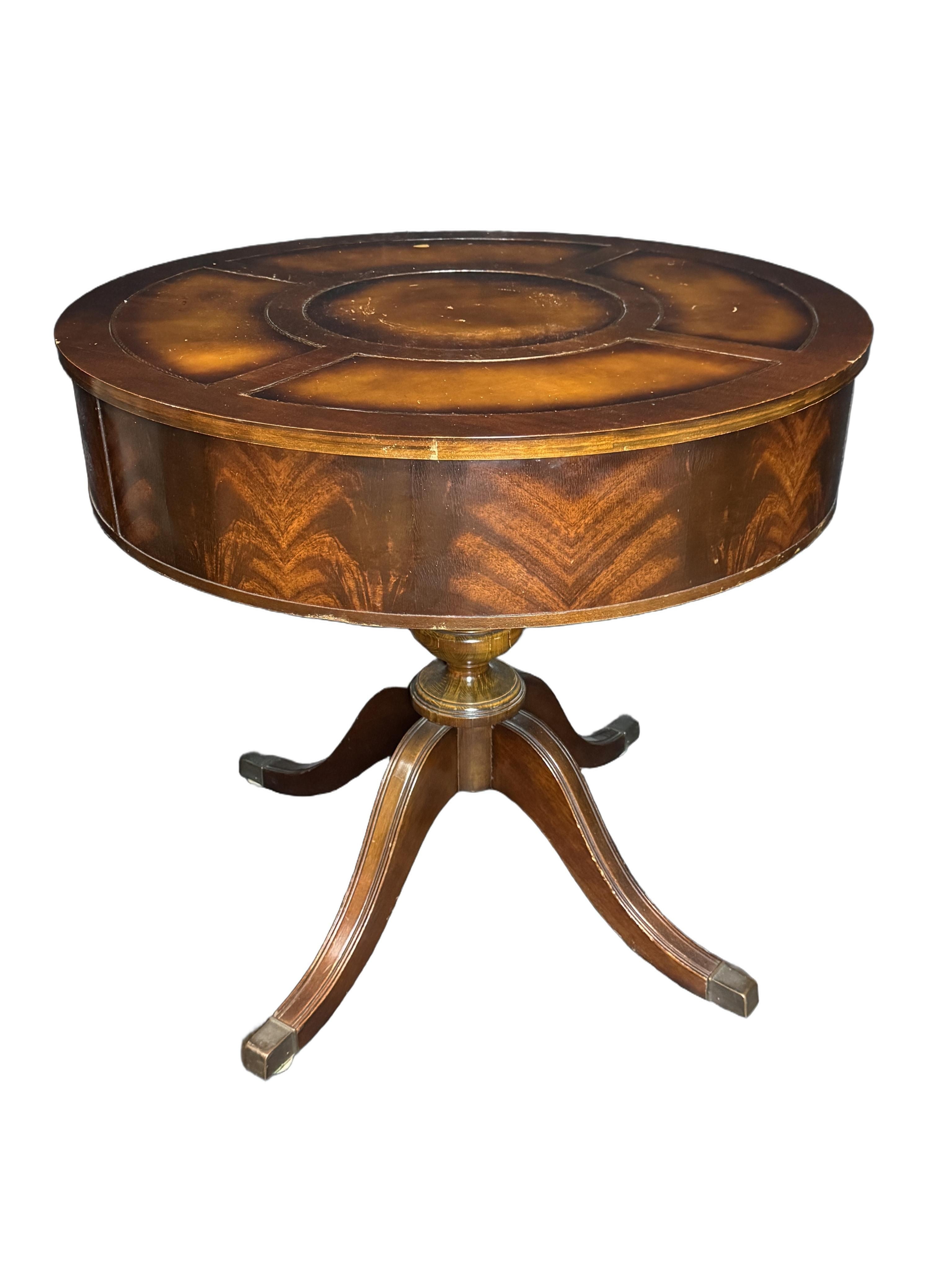 Antique Duncan Phyfe Style Mahogany Drum Center Table with Gold-Tooled Leather Top, Early 20th Century