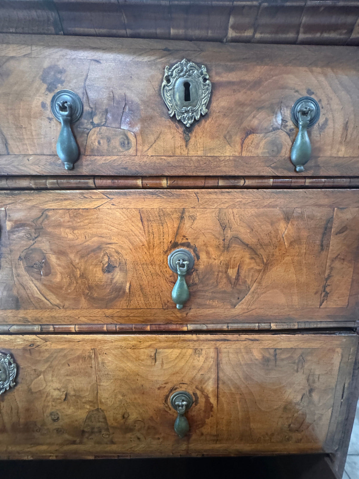 Antique William and Mary Burl Walnut Chest on Stand with Original Bronze Hardware and Cannonball Feet, Late 17th Century