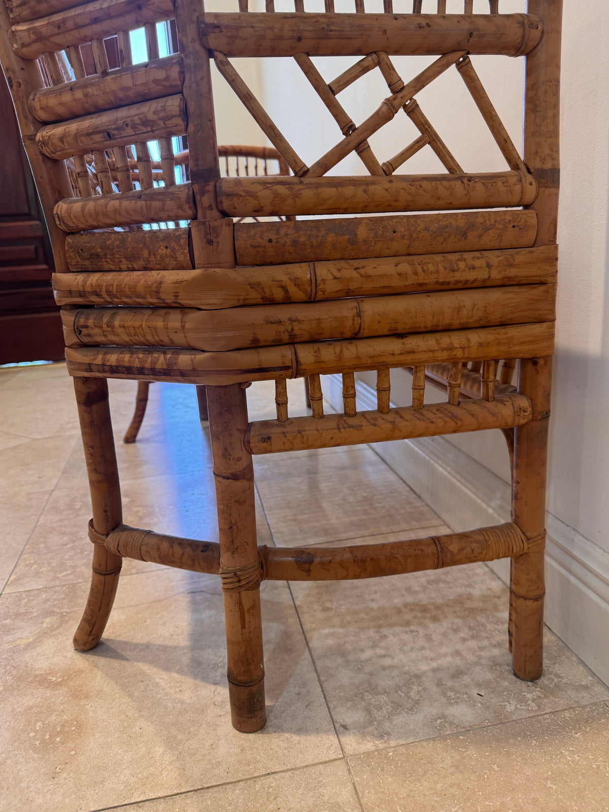 Vintage Brighton Pavilion Style Burnt Bamboo & Cane Settee Bench, c. 1970s