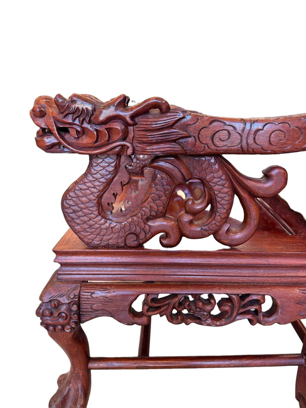 Antique Chinese Rosewood Dragon Armchair – Peranakan Style Carved Chair with Marble Insert, c. late 19th or early 20th century