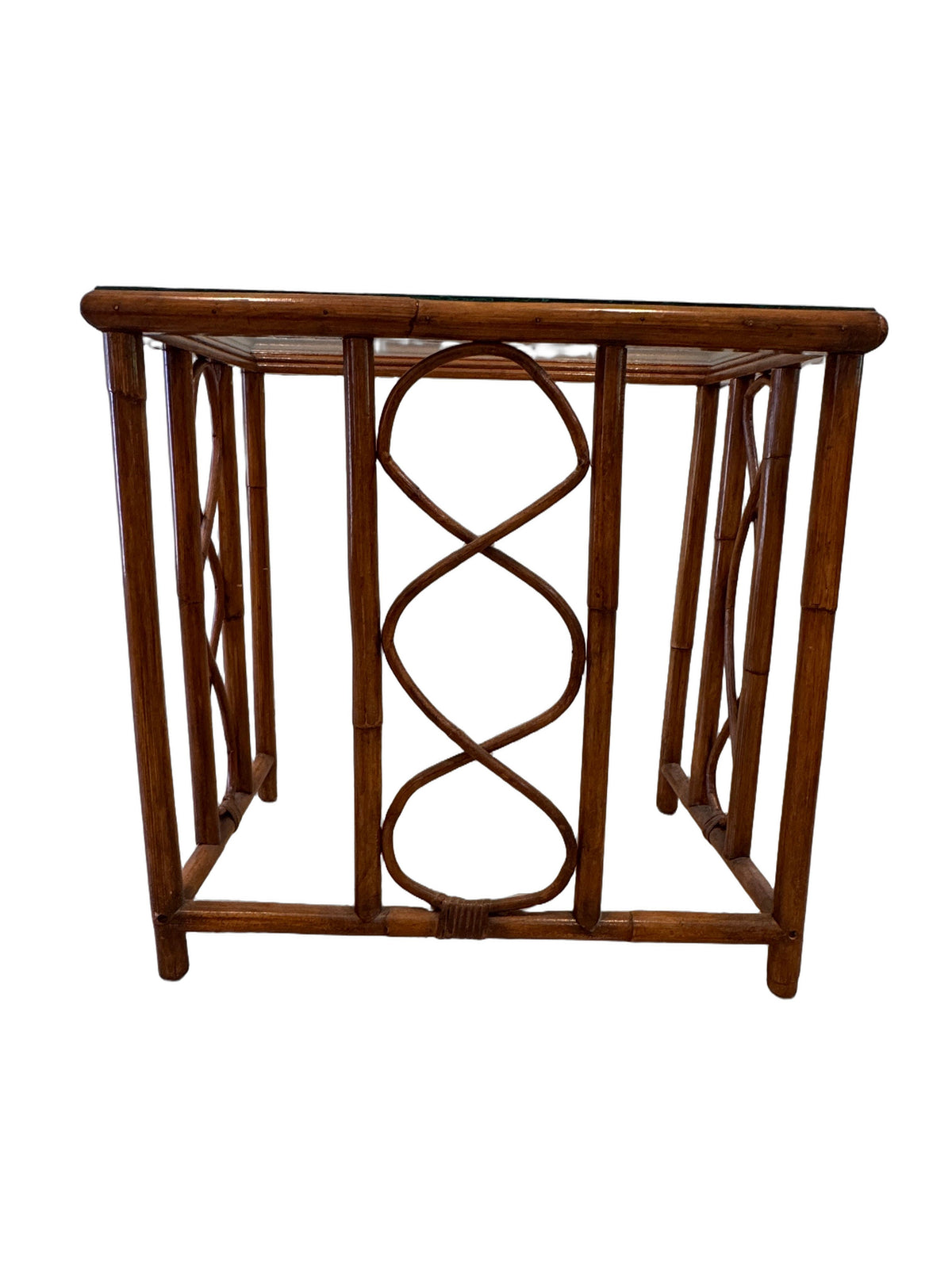 Vintage Burnt Bamboo Rattan Nesting Tables with Glass Tops, Set of 3, c. 1970s