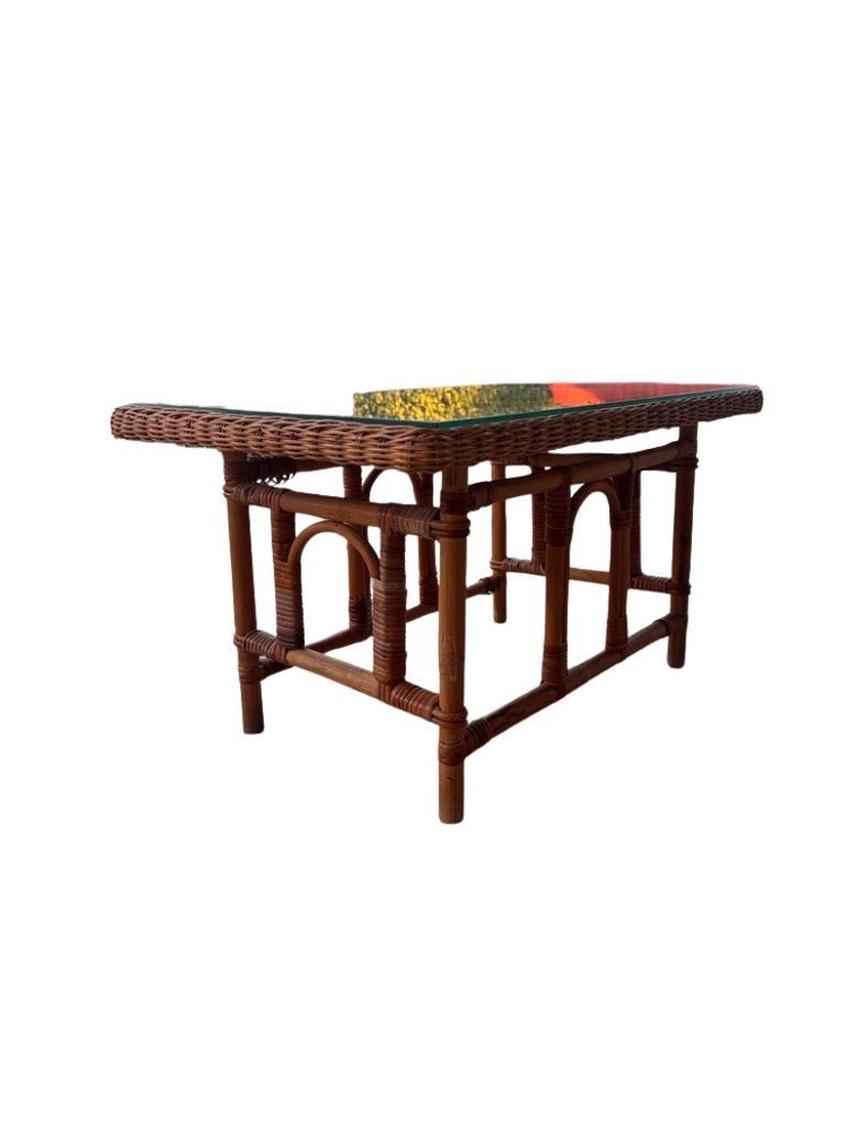 Vintage MCM Wicker Rattan Coffee Table with Glass Top
