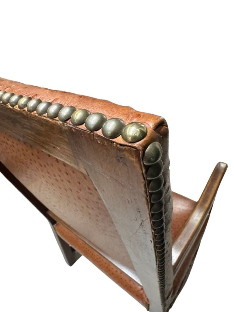 Antique Brown Leather Armchairs with Nailhead Details, Bobbin-Turned Legs, and Scrolled Arms- Set of 2, c. Early 1900s