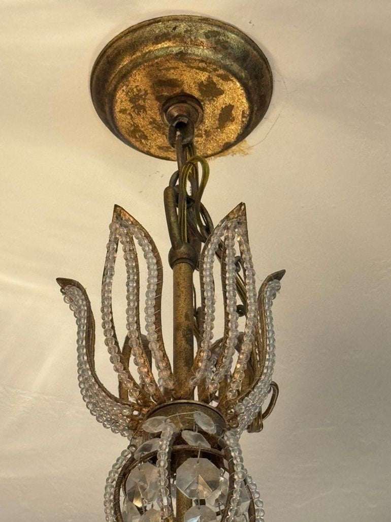 Vintage 1960s Regency Six Arm Chandelier with Gilt Iron and Crystal Beads