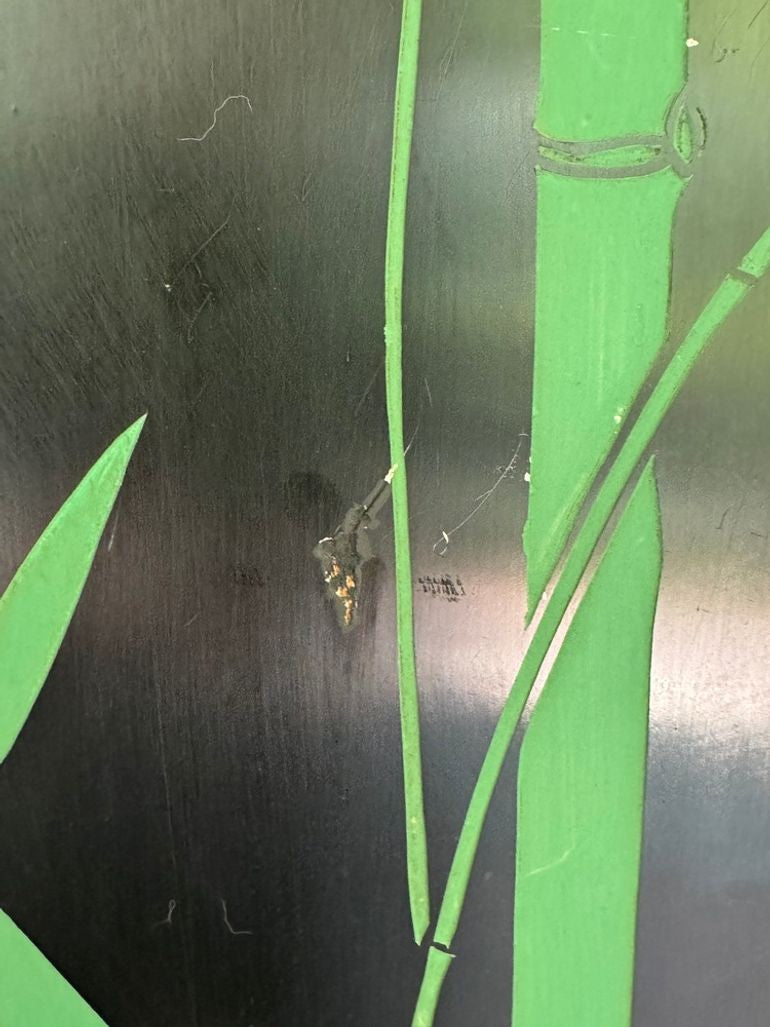 Vintage Chinese Four Panel Room Divider, Folding Screen with a Chinoiserie Pond Scene Painted on Both Sides