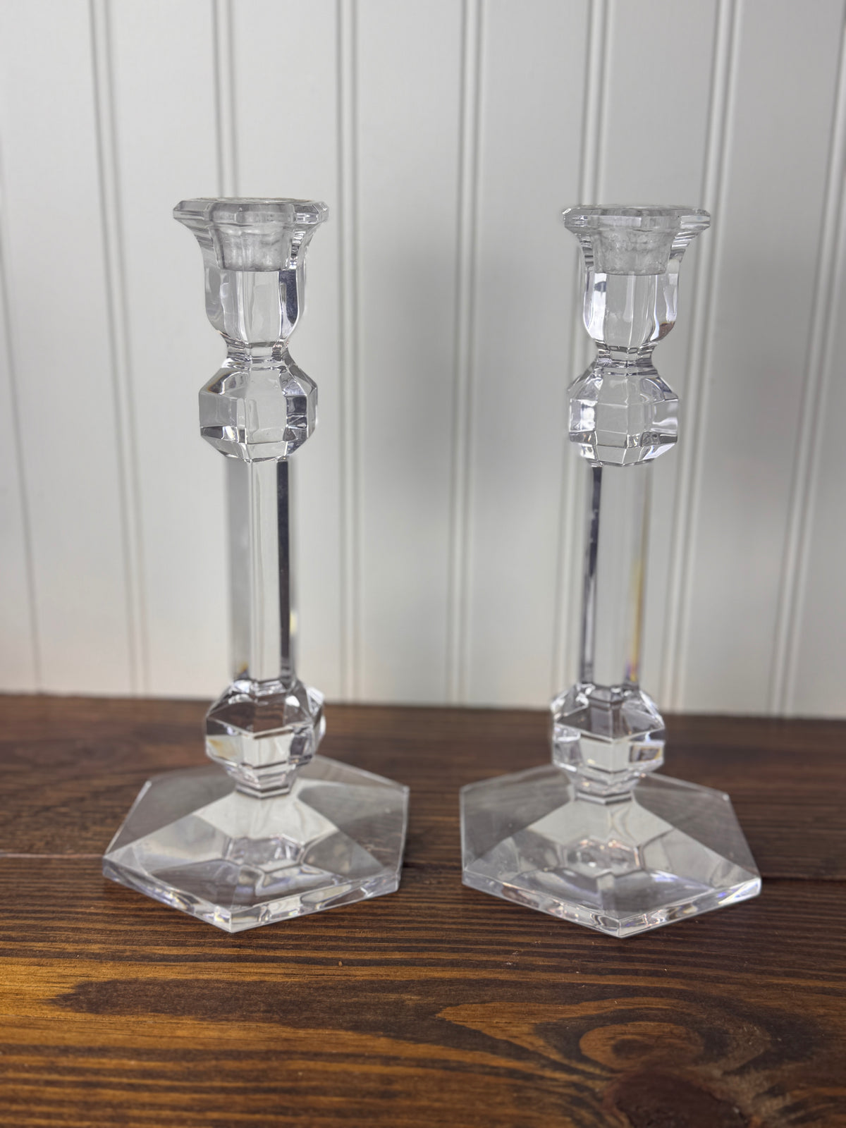 Val Saint-Lambert Signed Belgian Crystal Candlesticks, Pair, Sizes Vary, Late 20th Century