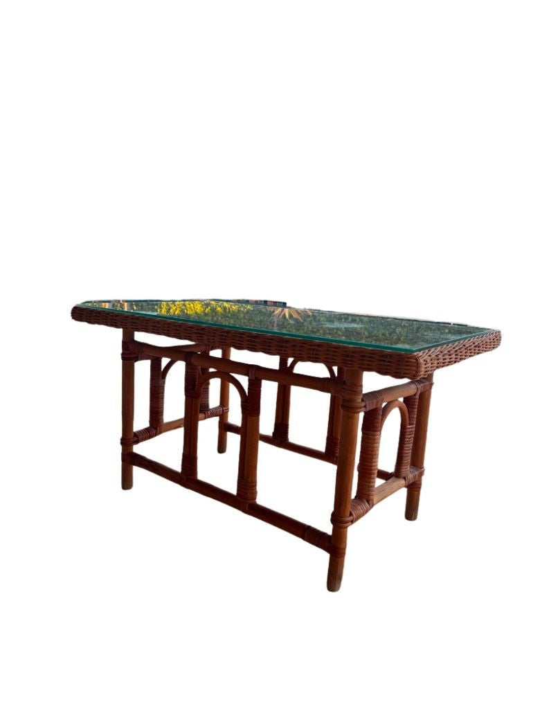 Vintage MCM Wicker Rattan Coffee Table with Glass Top