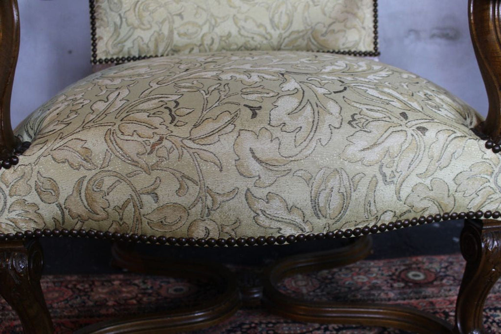 Antique French Louis XIV Style Nail Head Upholstered Arm Chairs - Set of 2