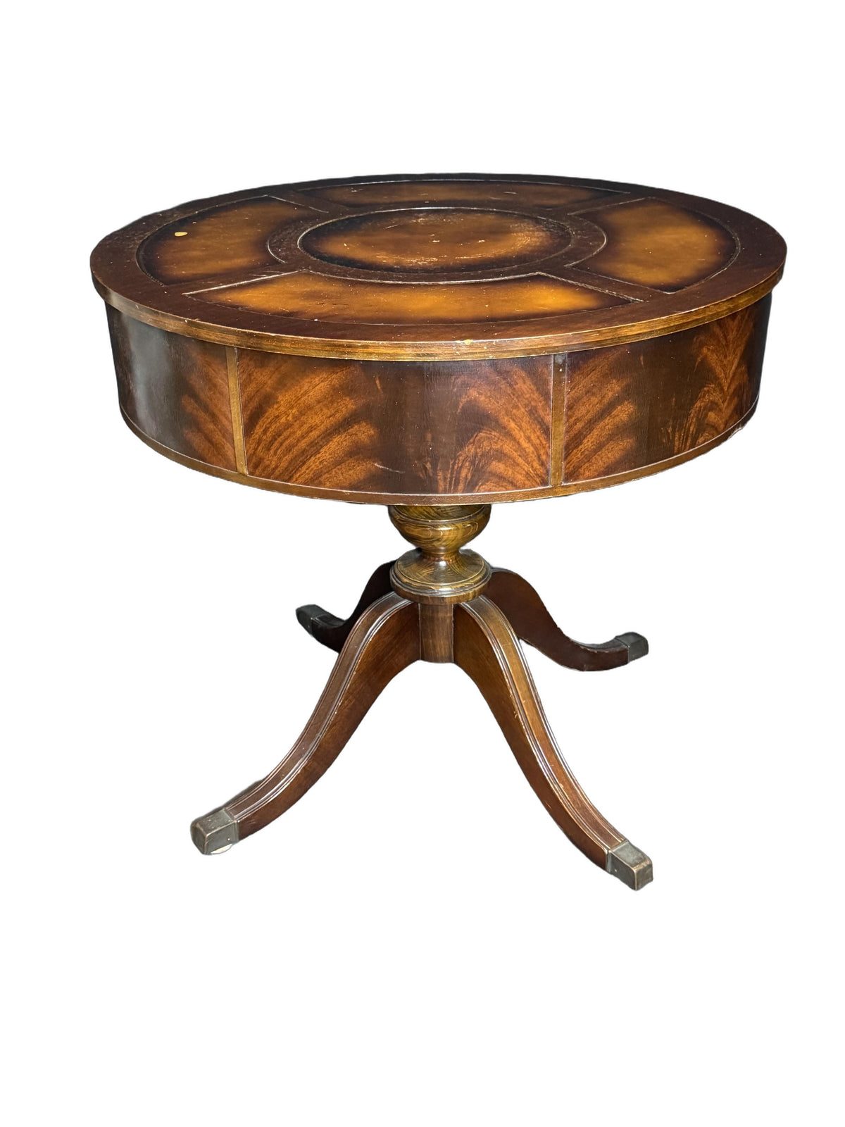Antique Duncan Phyfe Style Mahogany Drum Center Table with Gold-Tooled Leather Top, Early 20th Century