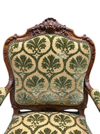 Antique French Louis XV Style Carved Walnut Bergere Armchairs with Green and Gold Damask and Nail head Details - Set of Two