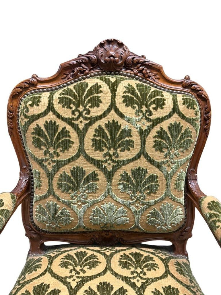 Antique French Louis XV Style Carved Walnut Bergere Armchairs with Green and Gold Damask and Nail head Details - Set of Two