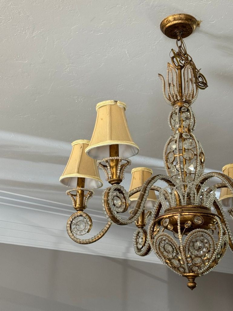 Vintage 1960s Regency Six Arm Chandelier with Gilt Iron and Crystal Beads