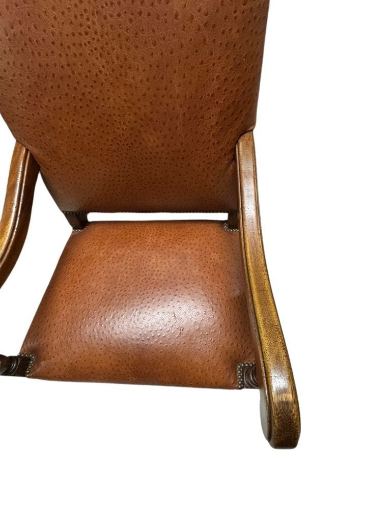 Antique Brown Leather Armchairs with Nailhead Details, Bobbin-Turned Legs, and Scrolled Arms- Set of 2, c. Early 1900s