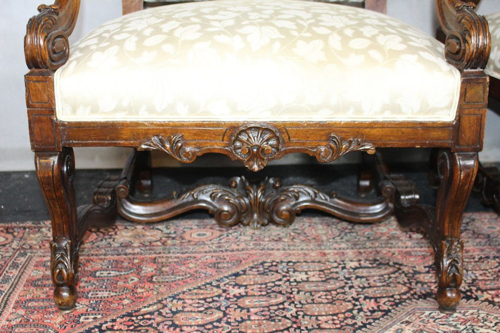 Antique French  Louis XIV Style Carved Walnut Ivory White Arm Chairs - Set of 2