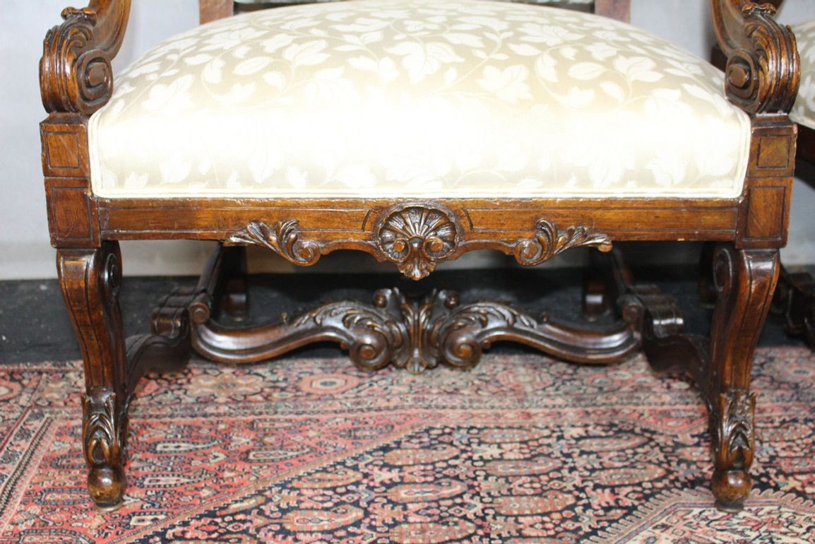 Antique French  Louis XIV Style Carved Walnut Ivory White Arm Chairs - Set of 2