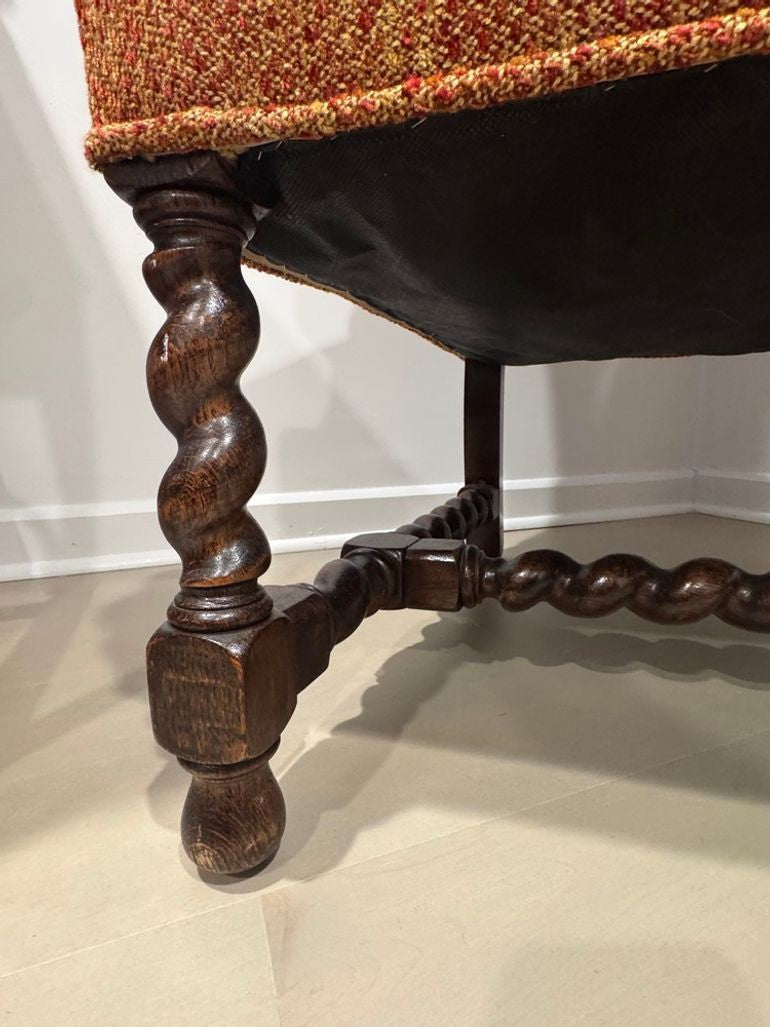 Vintage Queen Anne & Archie Bunker Style Wingback Chair with Carved Spindle Legs