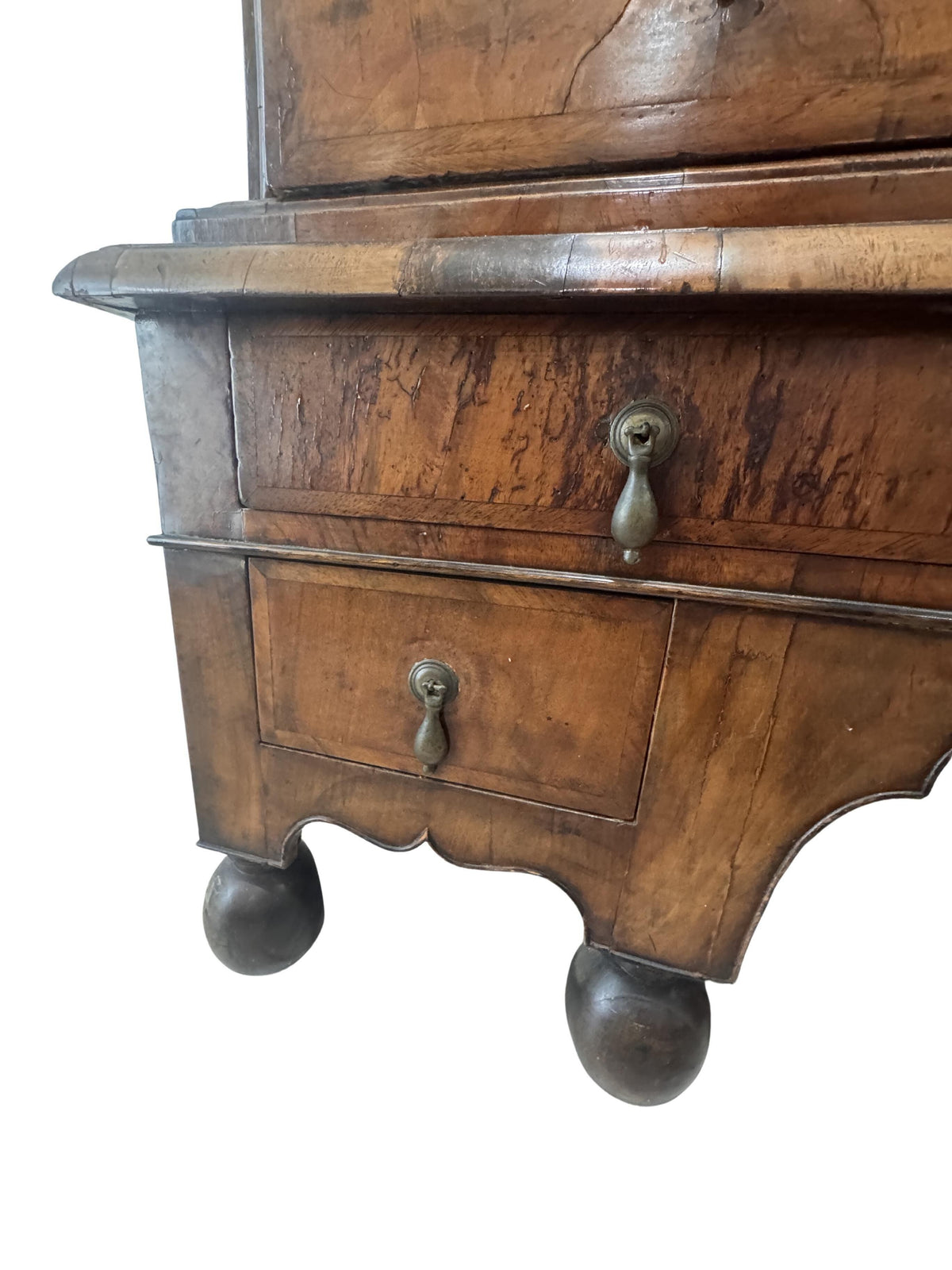Antique William and Mary Burl Walnut Chest on Stand with Original Bronze Hardware and Cannonball Feet, Late 17th Century