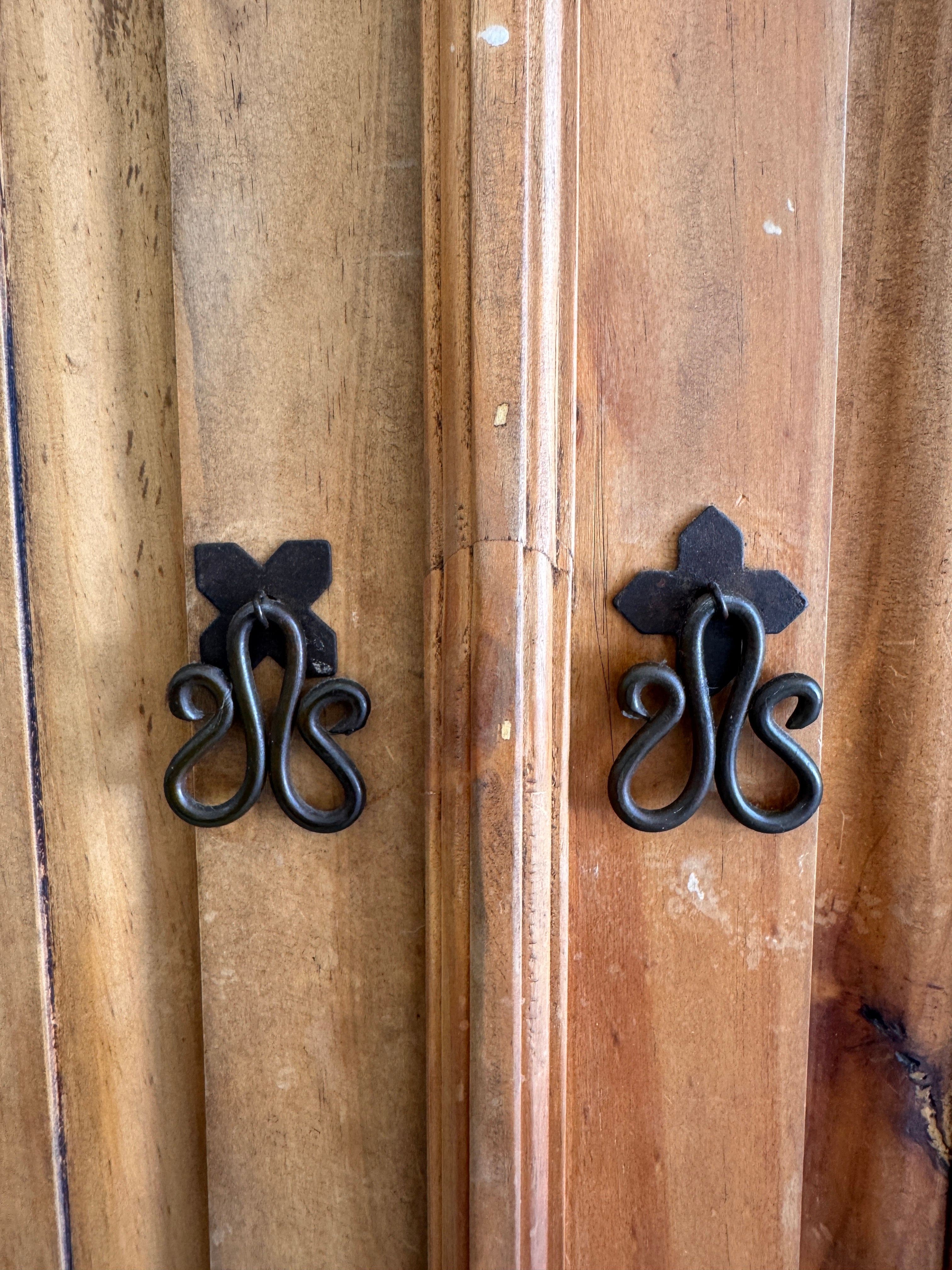 1980s Rustic Solid Pine Storage Armoire with Wrought Iron Accents, Mexico