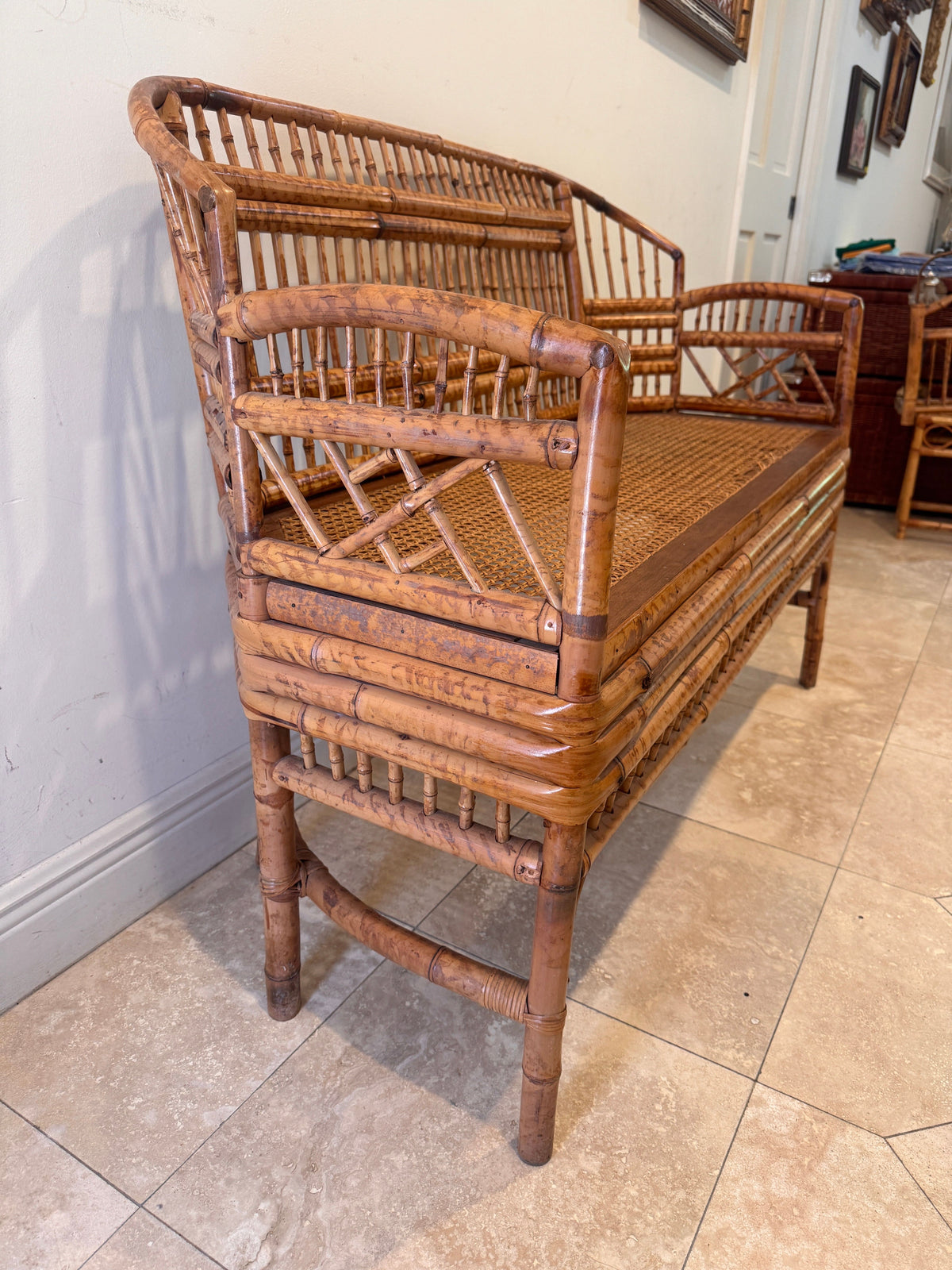 Vintage Brighton Pavilion Style Burnt Bamboo & Cane Settee Bench, c. 1970s