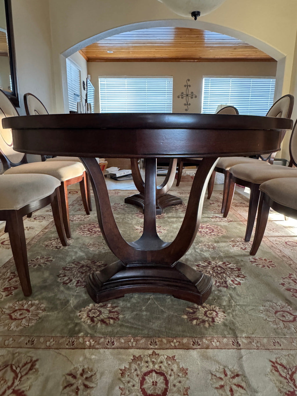 Thomasville Lumine Collection Dining Table with Double Pedestal, 8 Upholstered Chairs and Three Leaf Extension