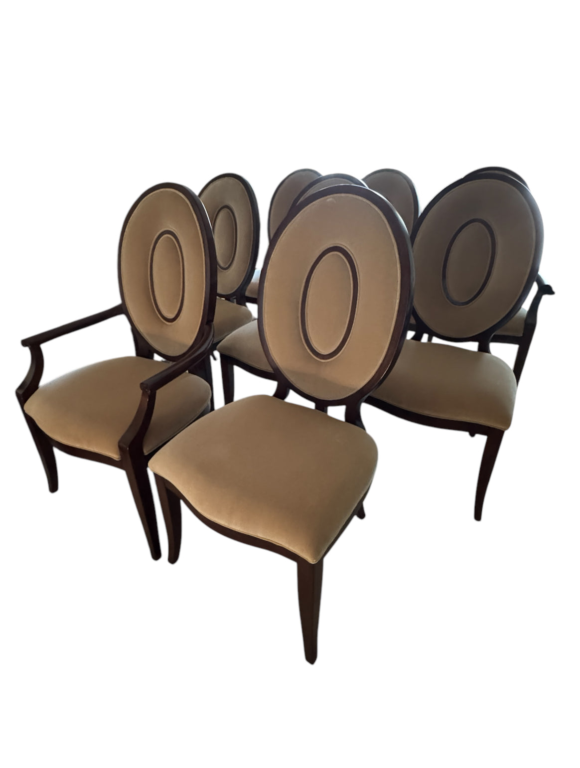 Thomasville Lumine Collection Dining Table with Double Pedestal, 8 Upholstered Chairs and Three Leaf Extension