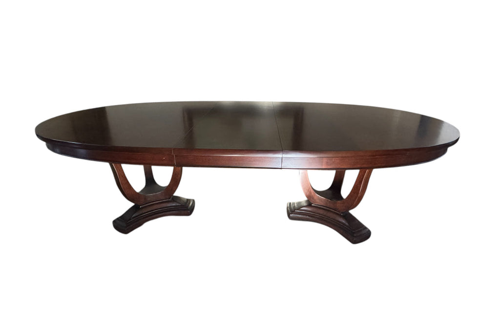 Thomasville Lumine Collection Dining Table with Double Pedestal, 8 Upholstered Chairs and Three Leaf Extension