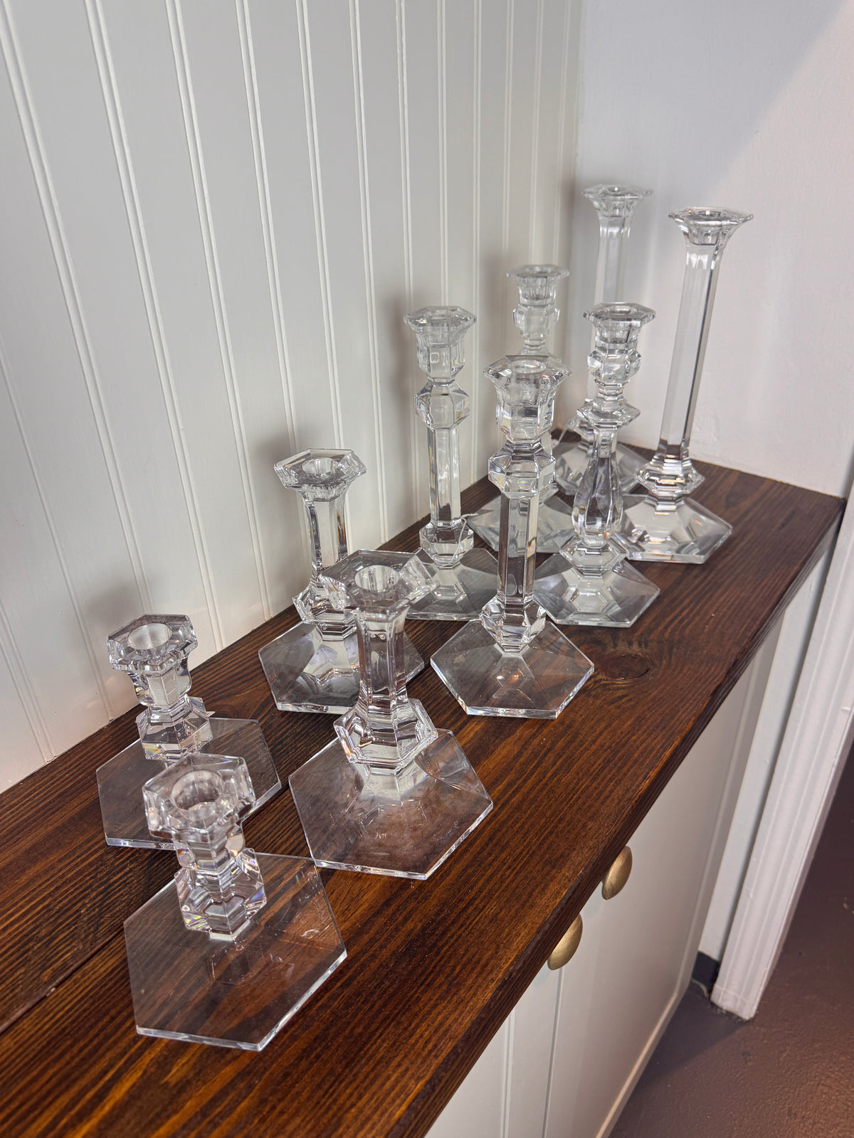 Val Saint-Lambert Signed Belgian Crystal Candlesticks, Pair, Sizes Vary, Late 20th Century