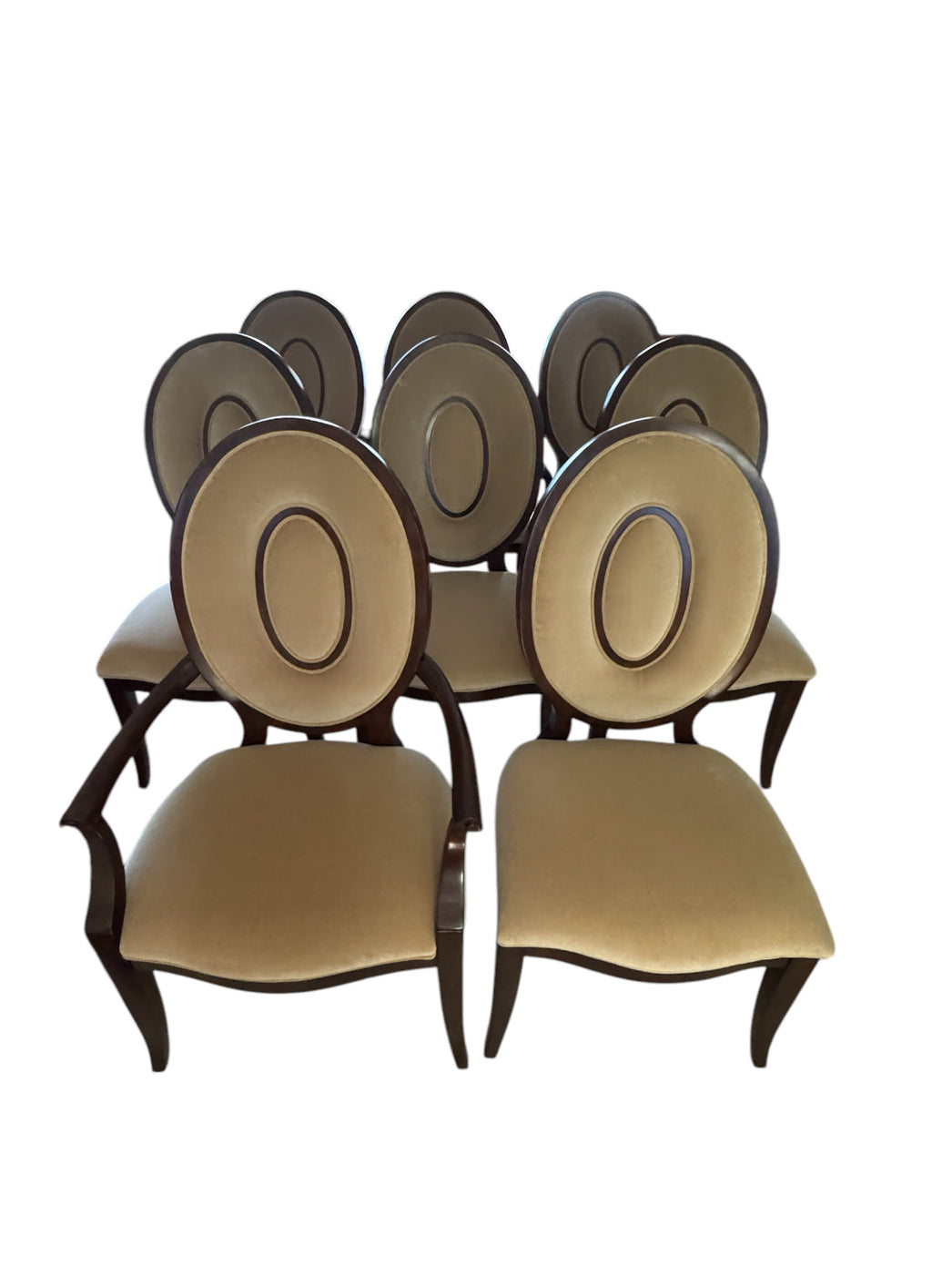 Thomasville Lumine Collection Dining Table with Double Pedestal, 8 Upholstered Chairs and Three Leaf Extension