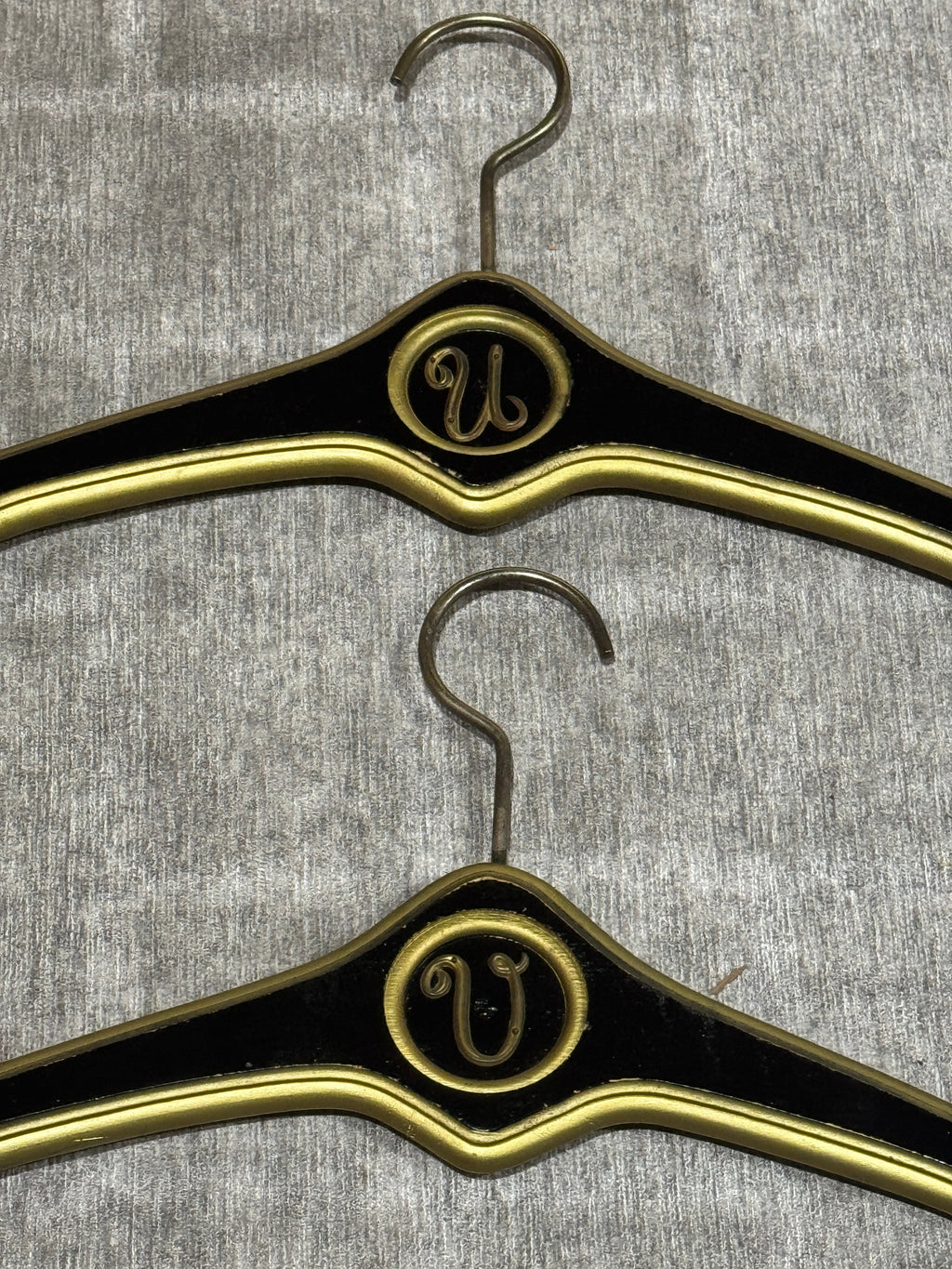 MCM Regency Black and Gold Wood Clothes Hangers - Monogrammed with U and V