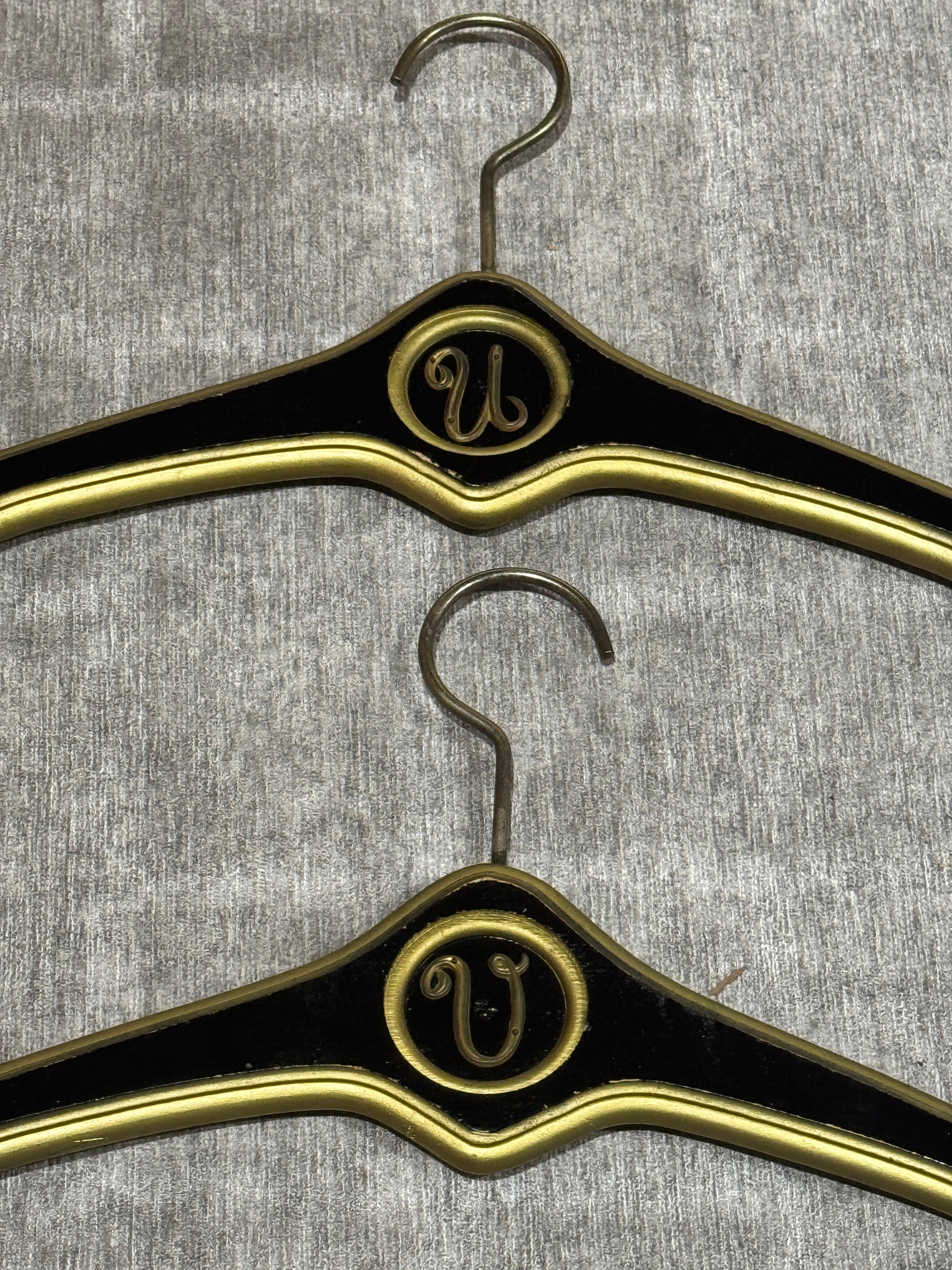 MCM Regency Black and Gold Wood Clothes Hangers - Monogrammed with U and V