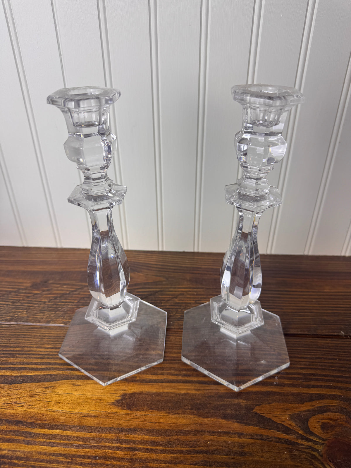 Val Saint-Lambert Signed Belgian Crystal Candlesticks, Pair, Sizes Vary, Late 20th Century