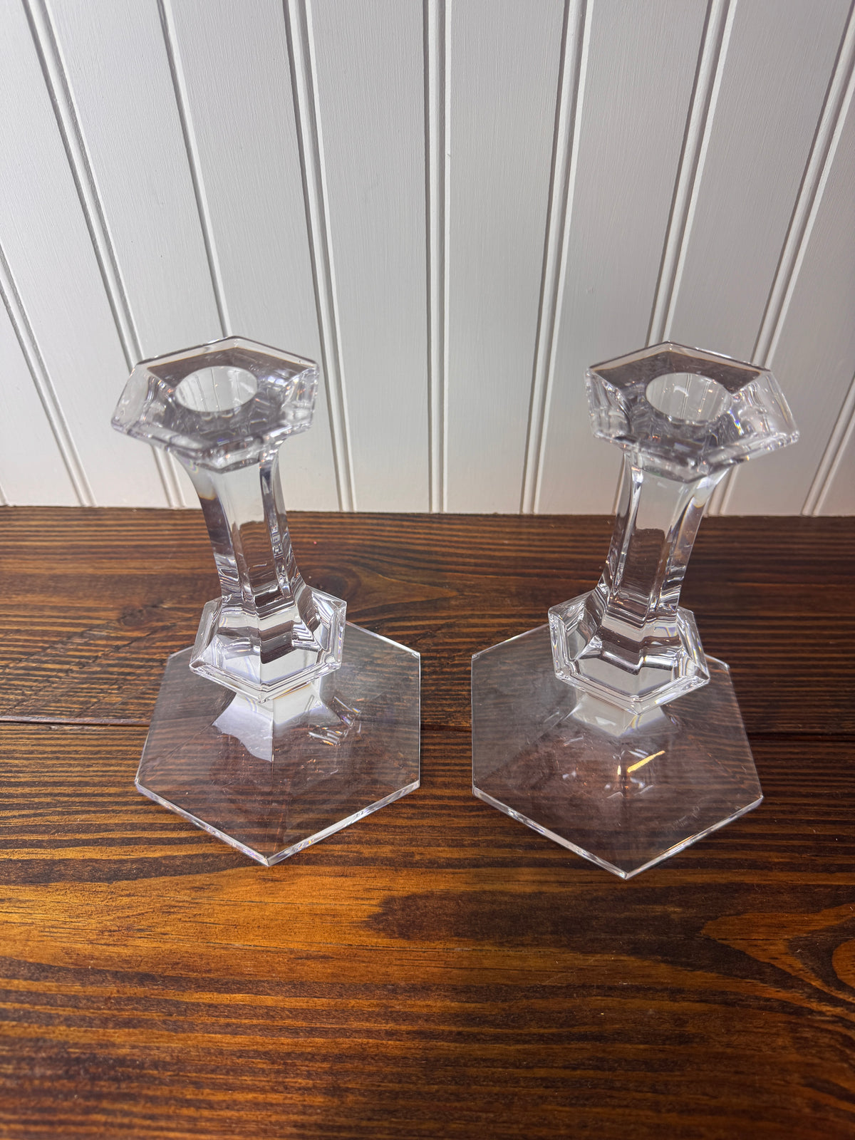 Val Saint-Lambert Signed Belgian Crystal Candlesticks, Pair, Sizes Vary, Late 20th Century