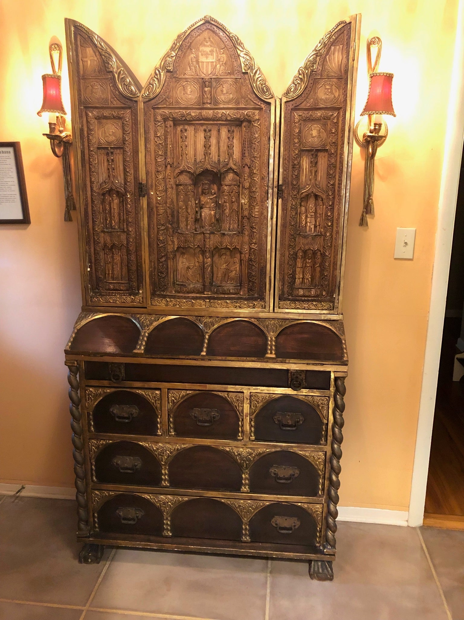 Bargueno Toledano - Carved Antique Secretaire Desk