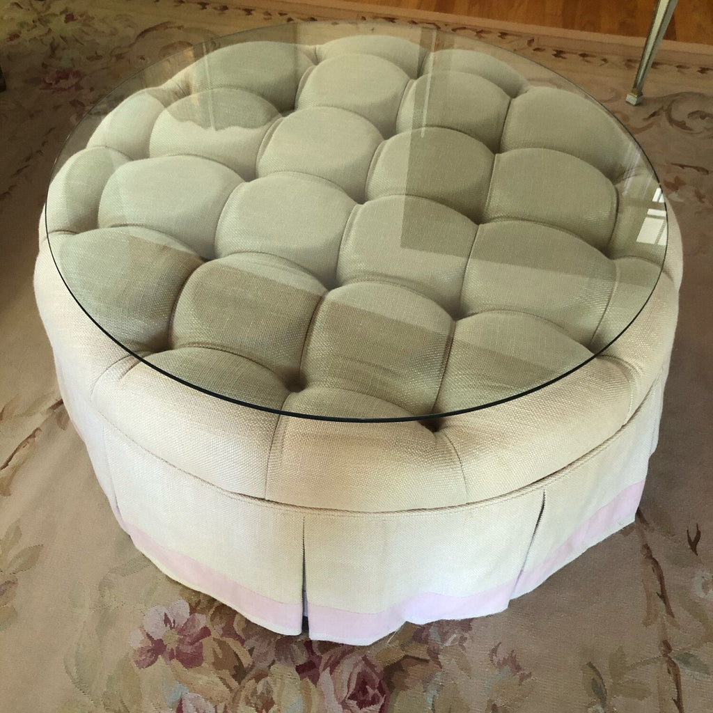 Luxe Round Tufted Skirted Coffee Table/Ottoman with Glass Top
