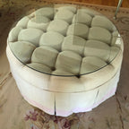 Luxe Round Tufted Skirted Coffee Table/Ottoman with Glass Top