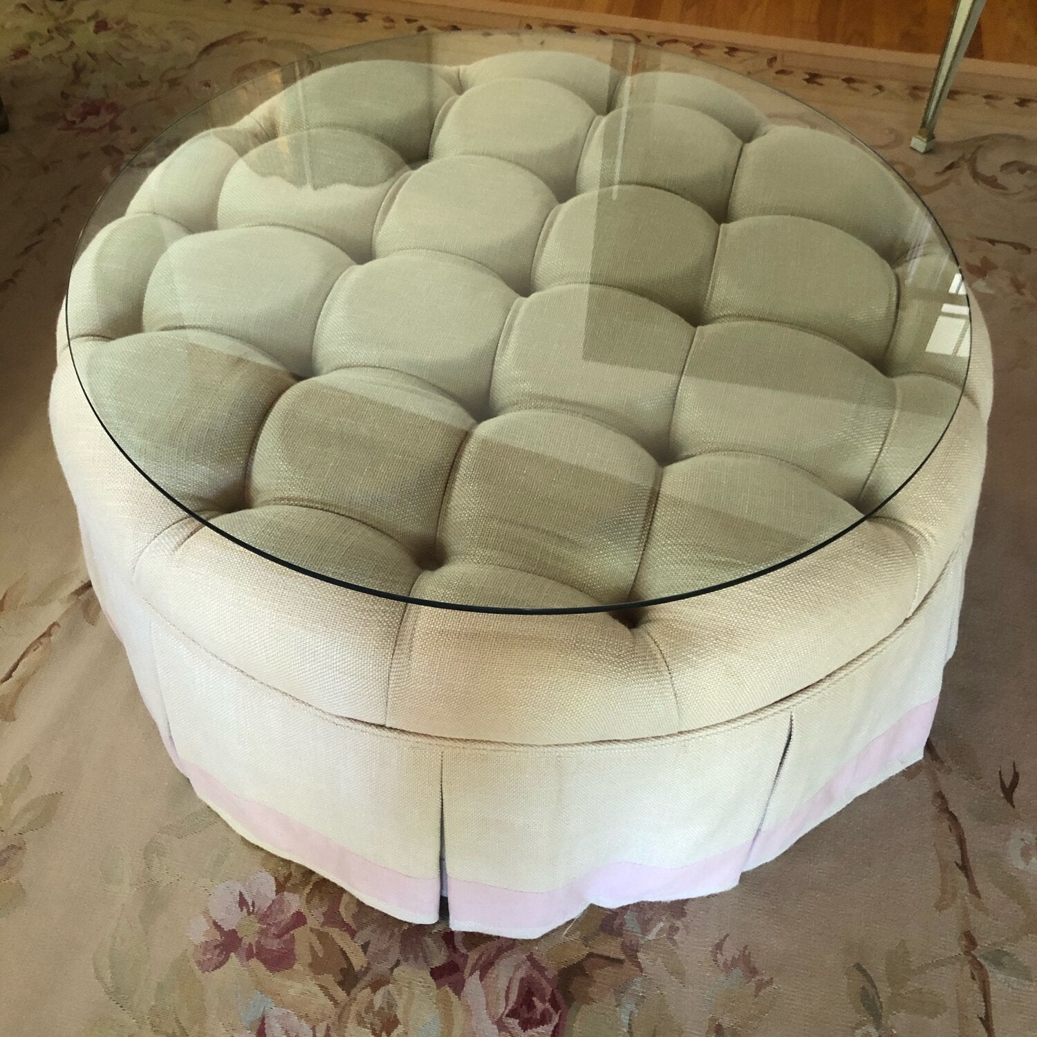 Luxe Round Tufted Skirted Coffee Table/Ottoman with Glass Top