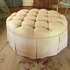 Luxe Round Tufted Skirted Coffee Table/Ottoman with Glass Top