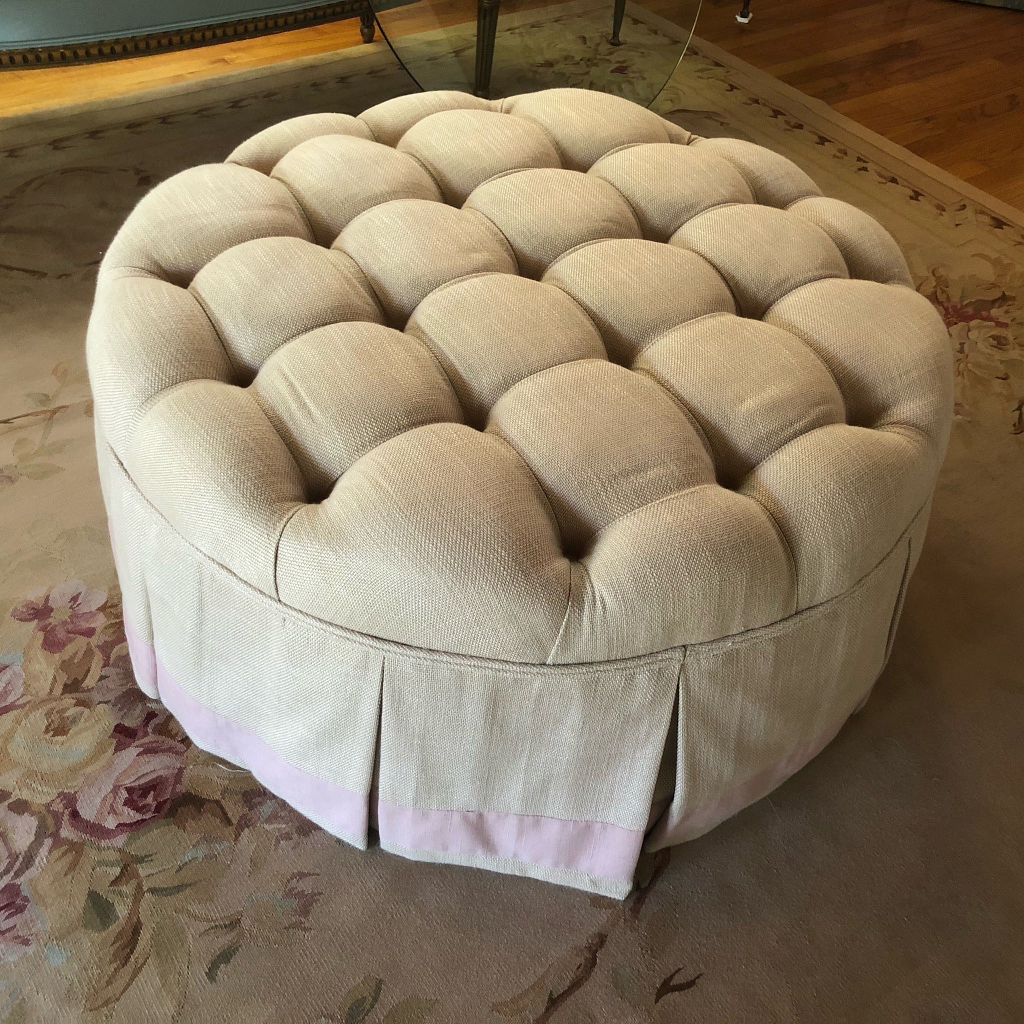 Luxe Round Tufted Skirted Coffee Table/Ottoman with Glass Top