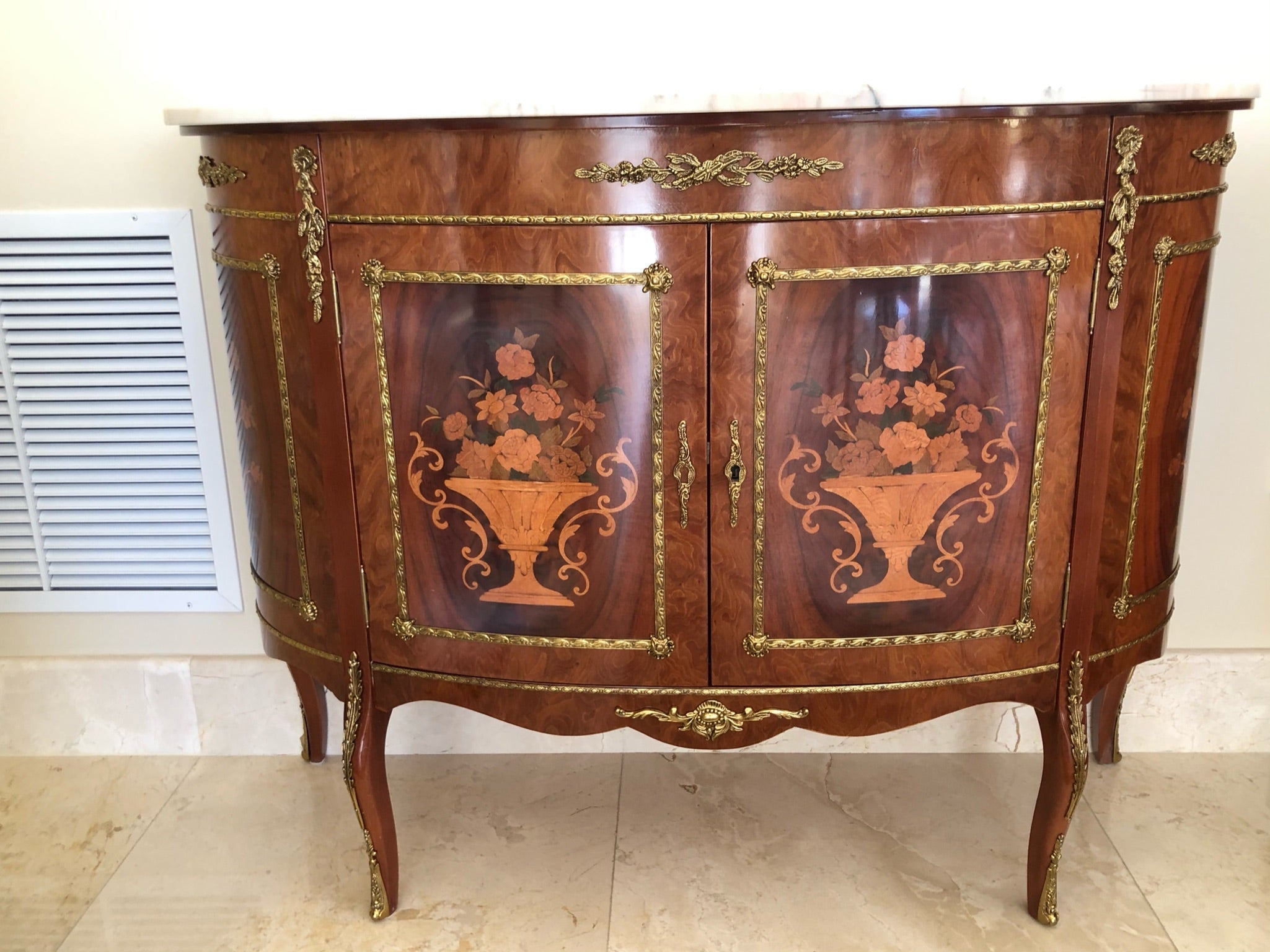 Antique Louis XV Demi Lune Marble Top Credenza