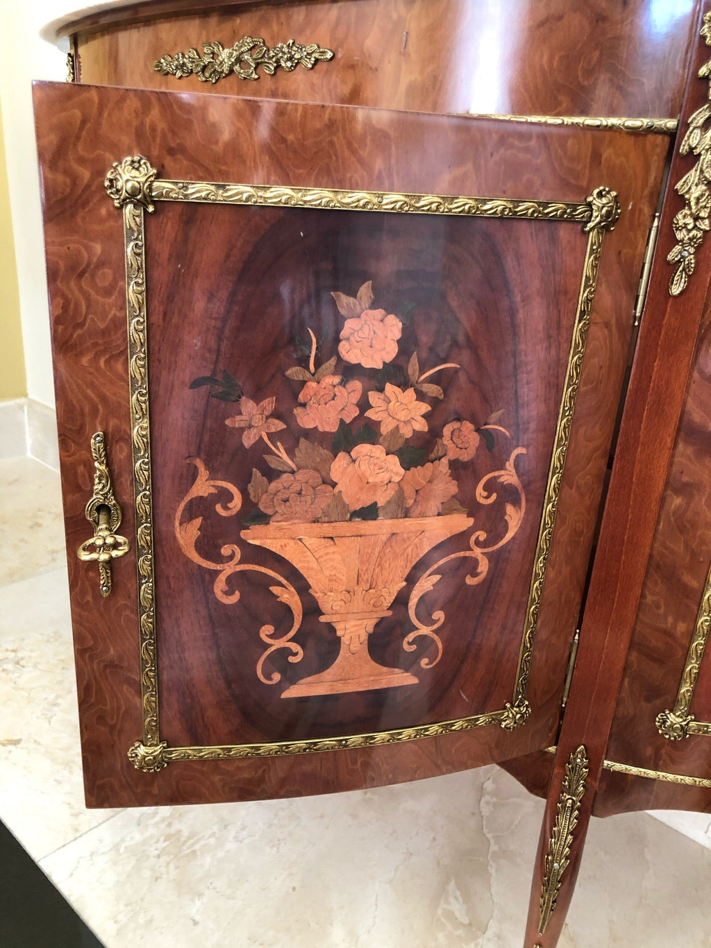 Antique Louis XV Demi Lune Marble Top Credenza
