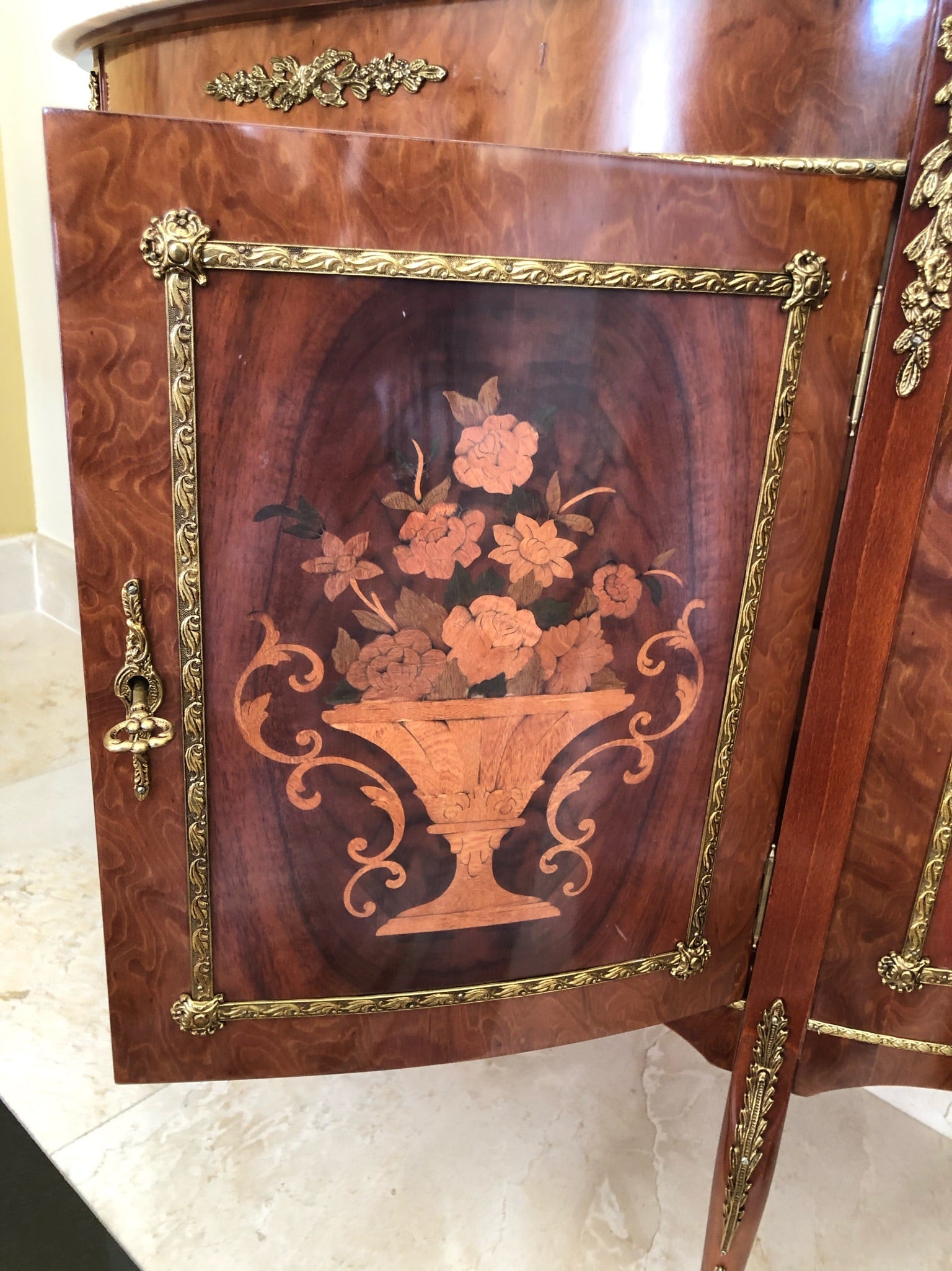 Antique Louis XV Demi Lune Marble Top Credenza