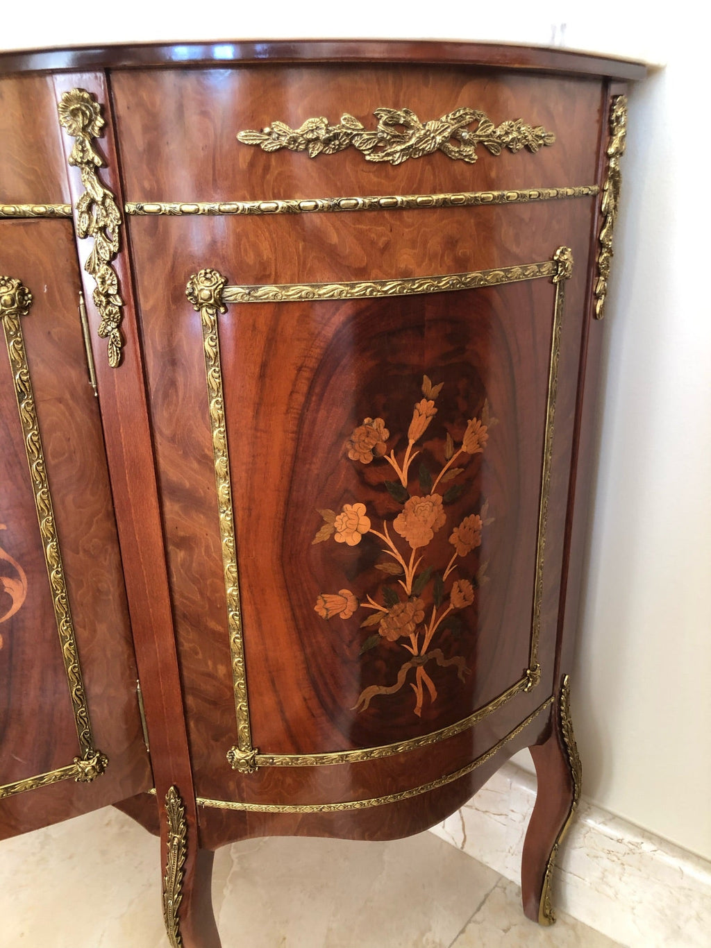 Antique Louis XV Demi Lune Marble Top Credenza