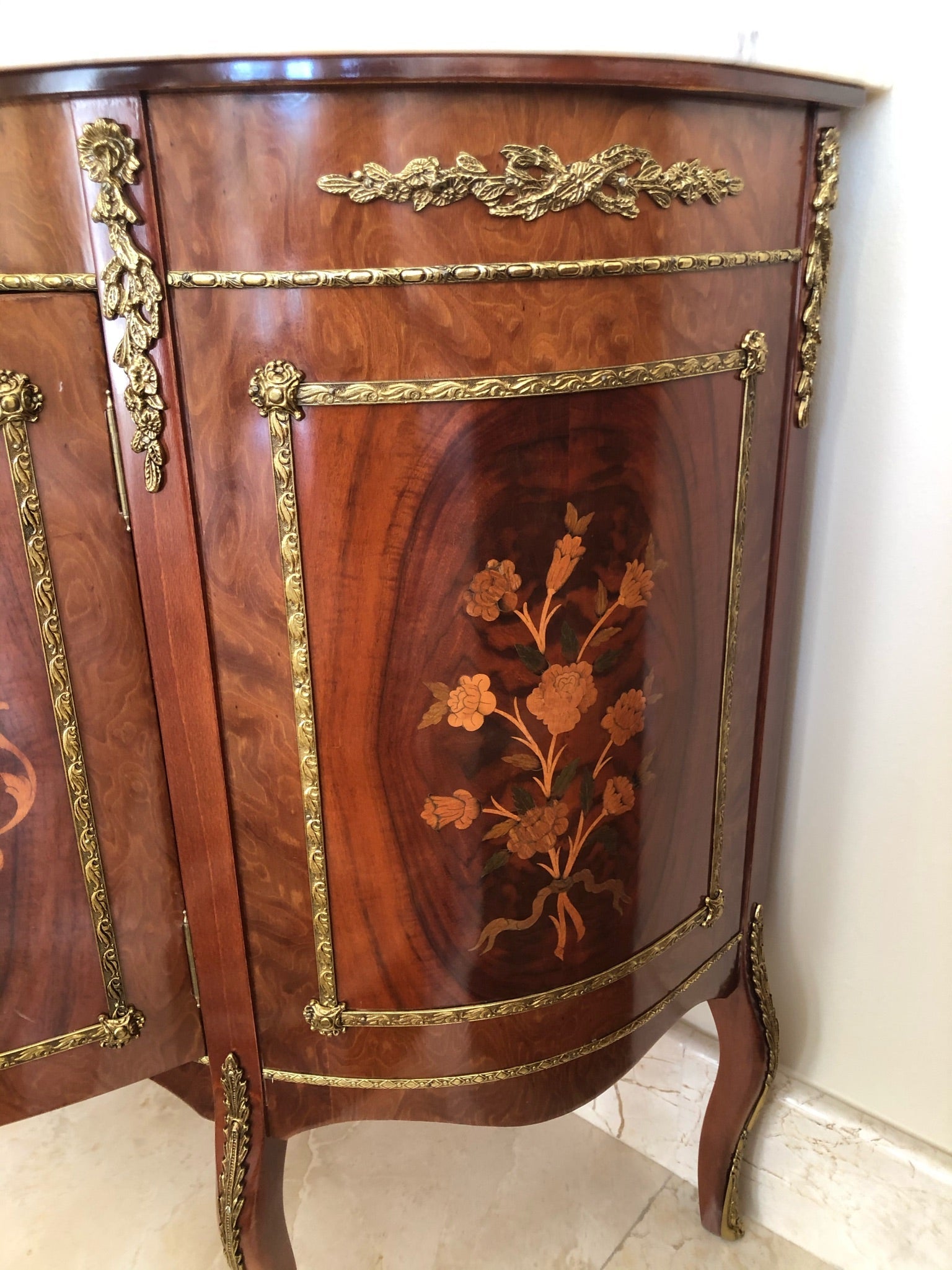 Antique Louis XV Demi Lune Marble Top Credenza