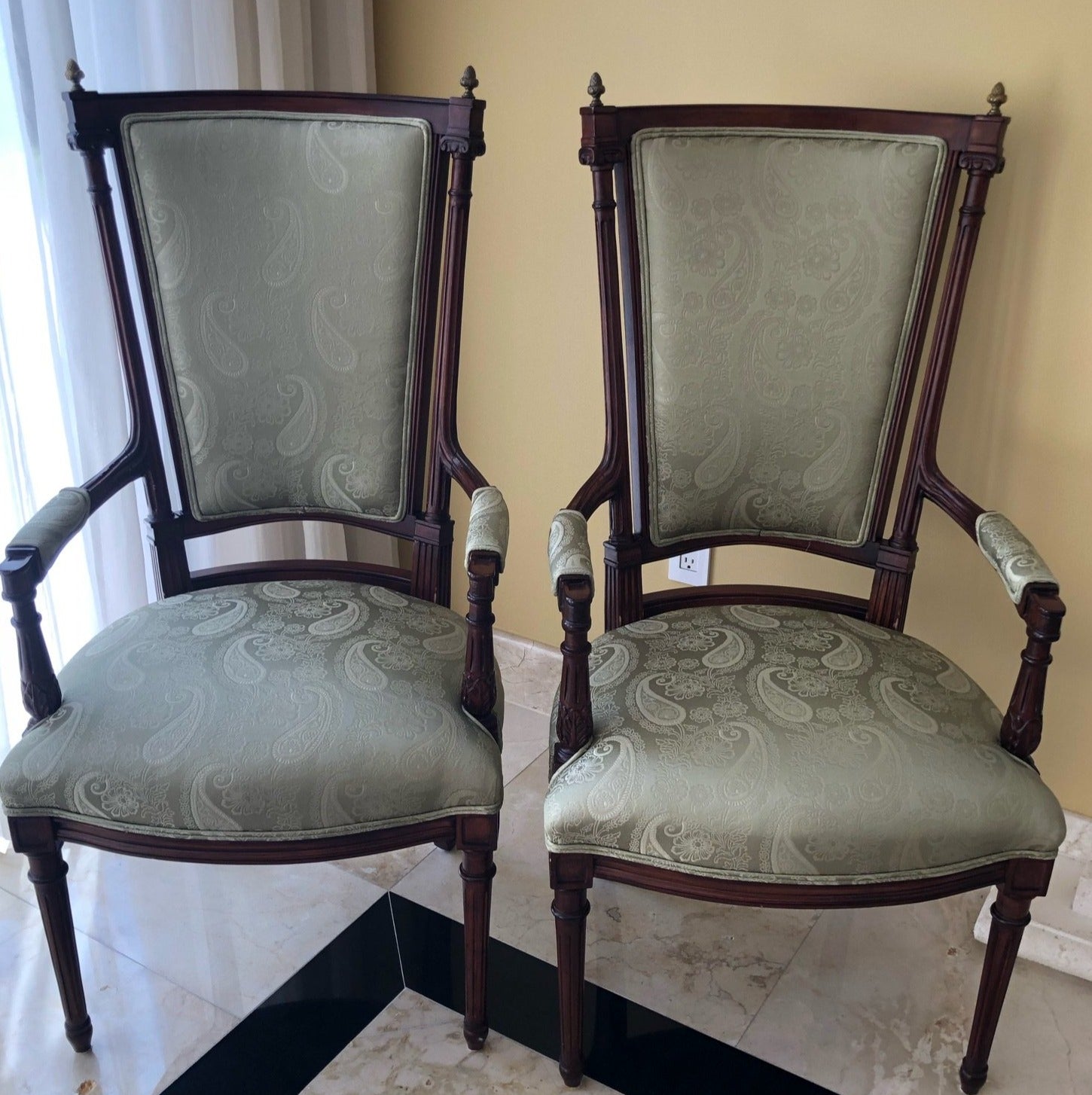 Louis XVI Style Upholstered Arm Accent Chairs - A Pair