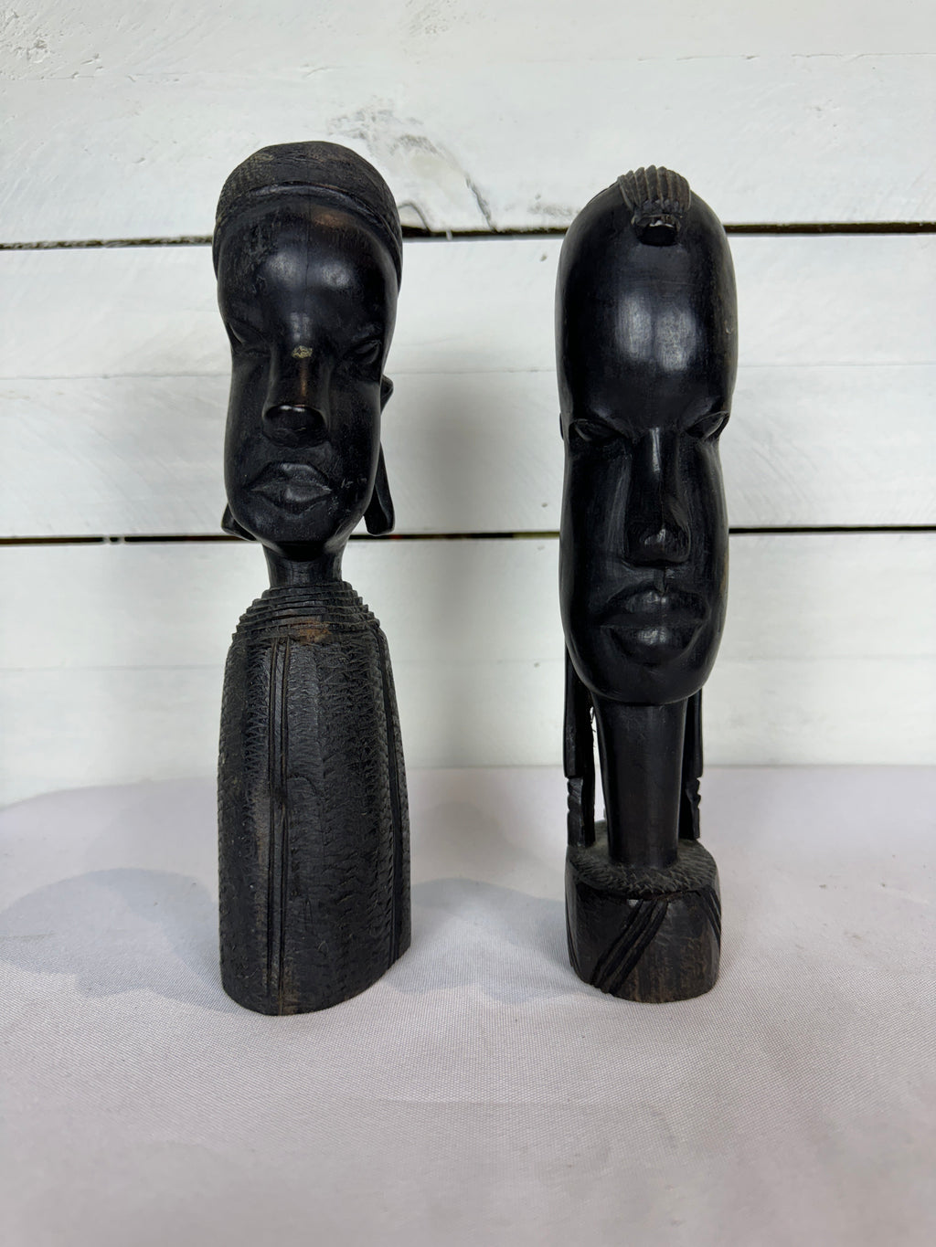 Mid Century Besmo African Tribal Bust Sculpture Carved in Ebony Wood Man & Woman - Sold as a set of two