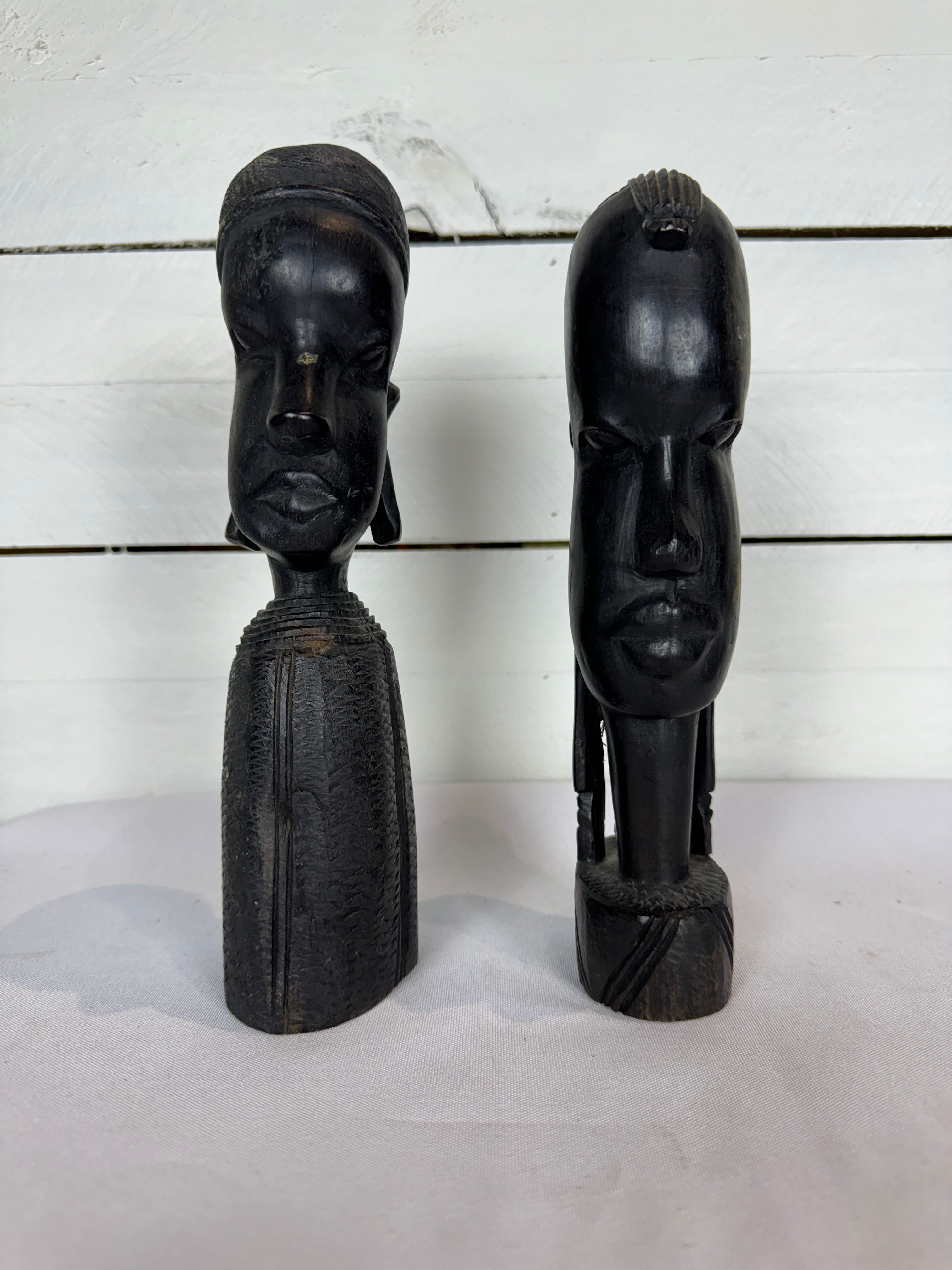 Mid Century Besmo African Tribal Bust Sculpture Carved in Ebony Wood Man & Woman - Sold as a set of two