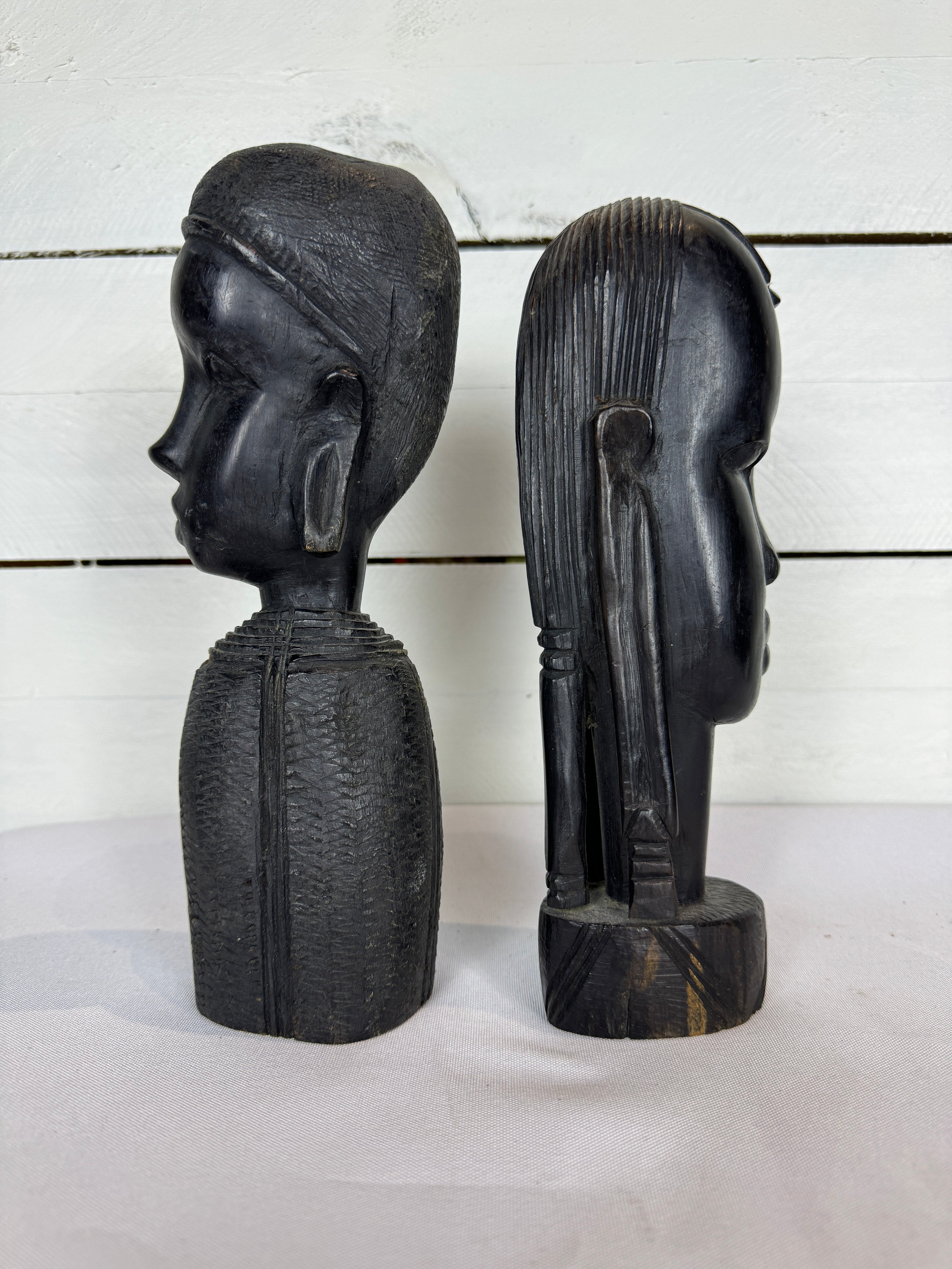 Mid Century Besmo African Tribal Bust Sculpture Carved in Ebony Wood Man & Woman - Sold as a set of two
