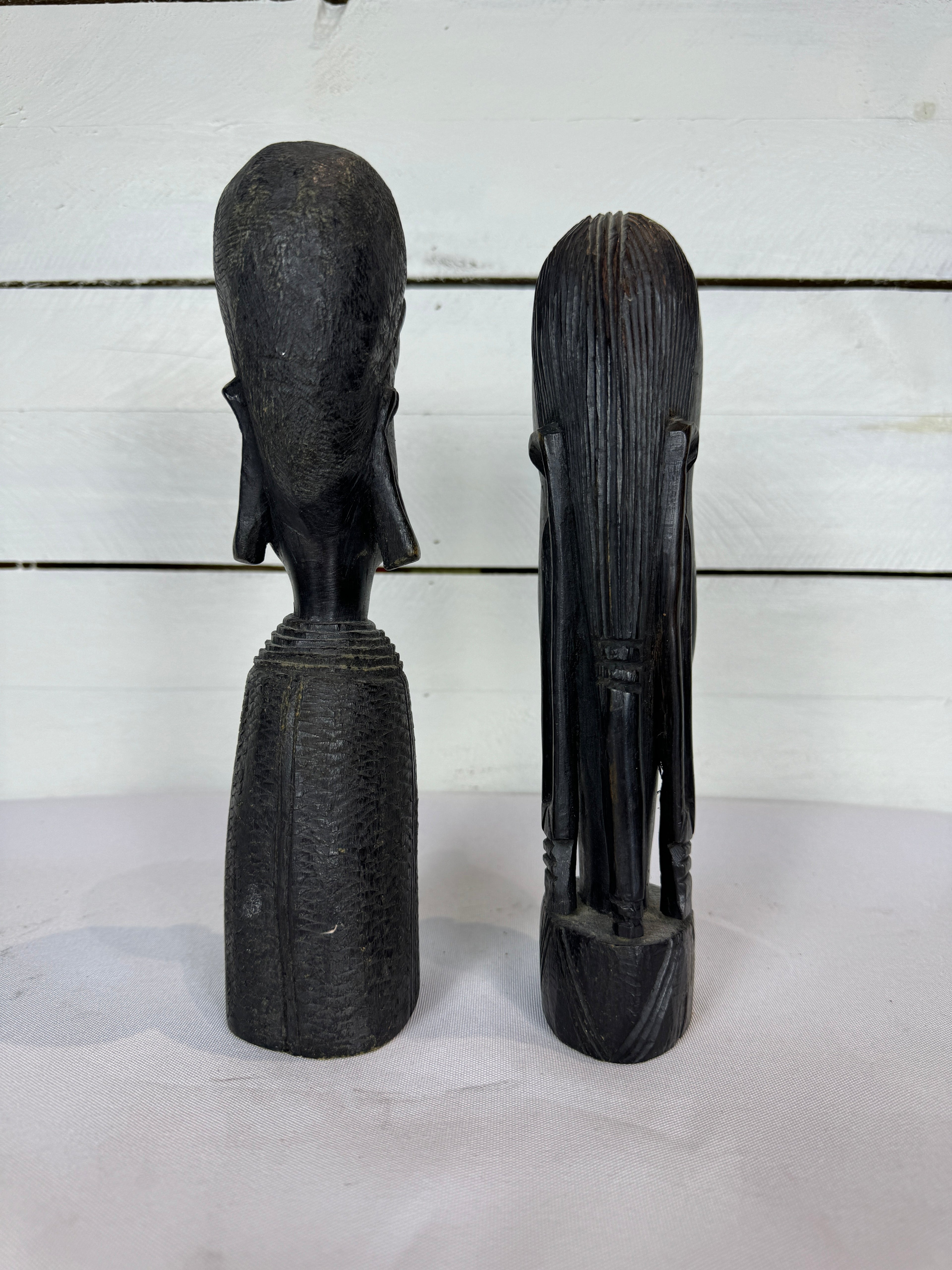 Mid Century Besmo African Tribal Bust Sculpture Carved in Ebony Wood Man & Woman - Sold as a set of two