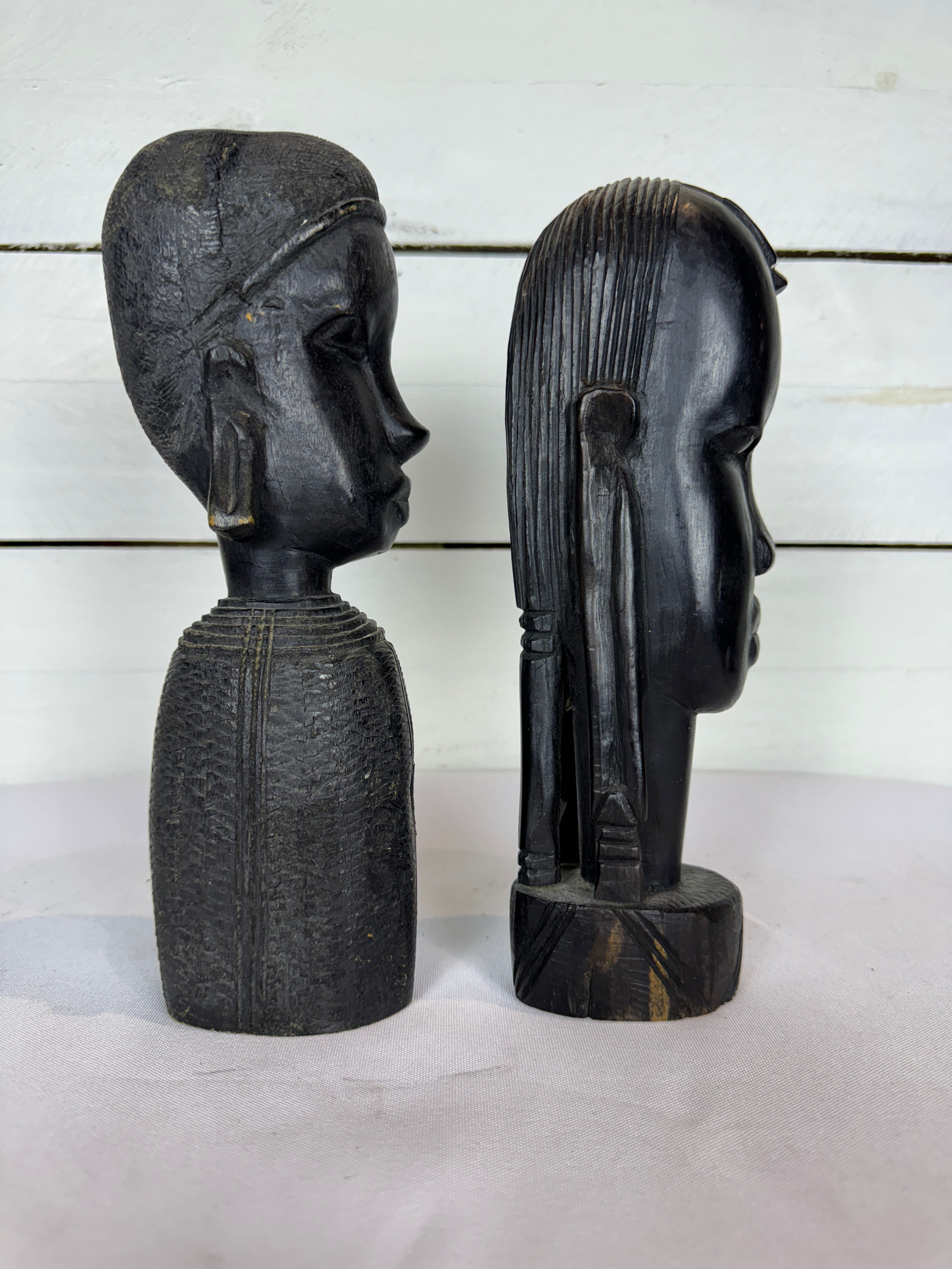 Mid Century Besmo African Tribal Bust Sculpture Carved in Ebony Wood Man & Woman - Sold as a set of two